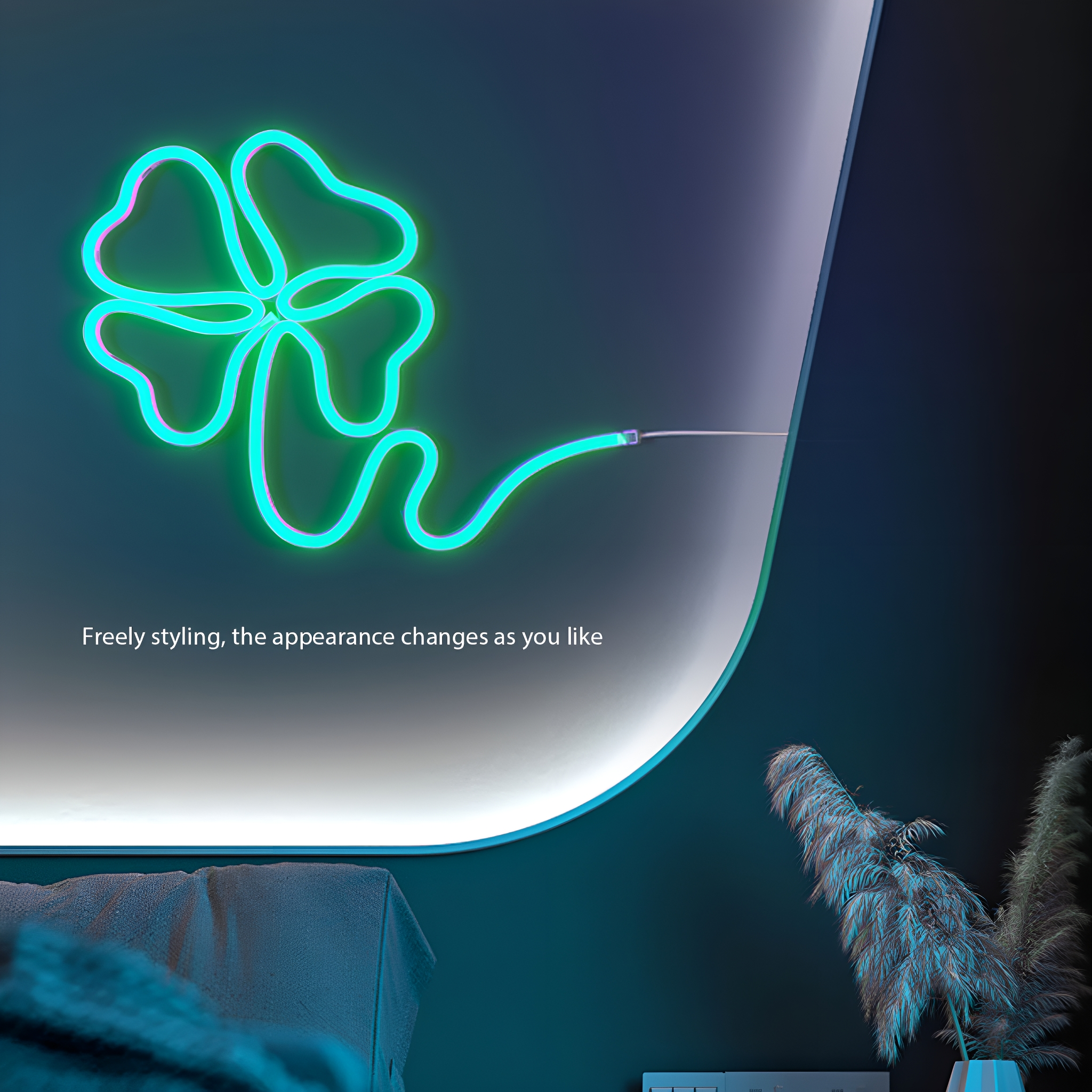 Neon-Vierblattschild und Vase mit Zierpflanzen. Dunkler Hintergrund.