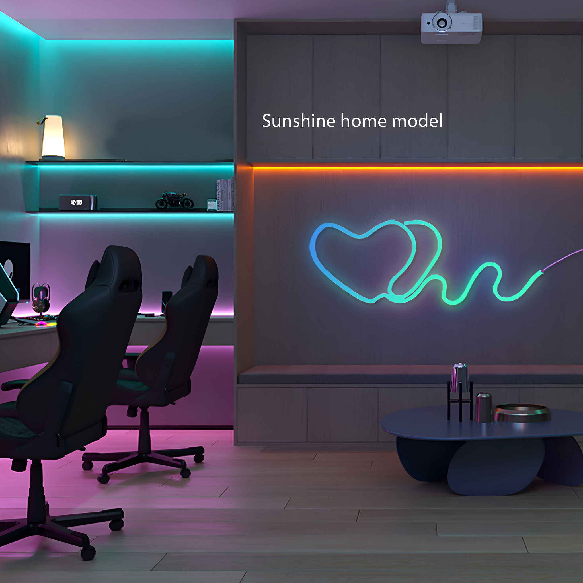 Modernes Spielzimmer mit Neonlichtern, zwei schwarzen Stühlen, einem Schreibtisch und einem Projektor.