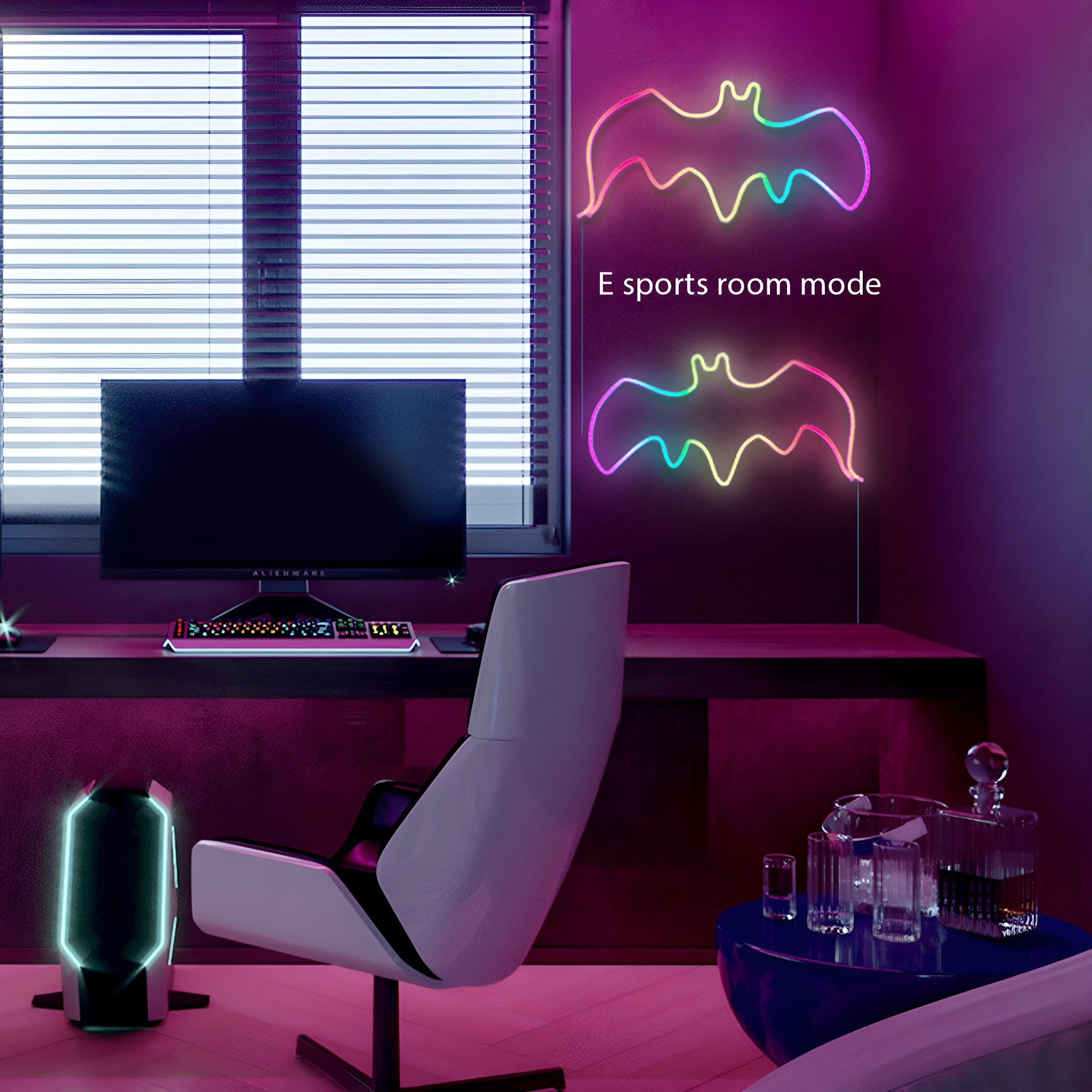 Zimmer mit Schreibtisch, Monitor, Stuhl und Neon-Fledermausschildern. Text: E-Sport-Raummodus.