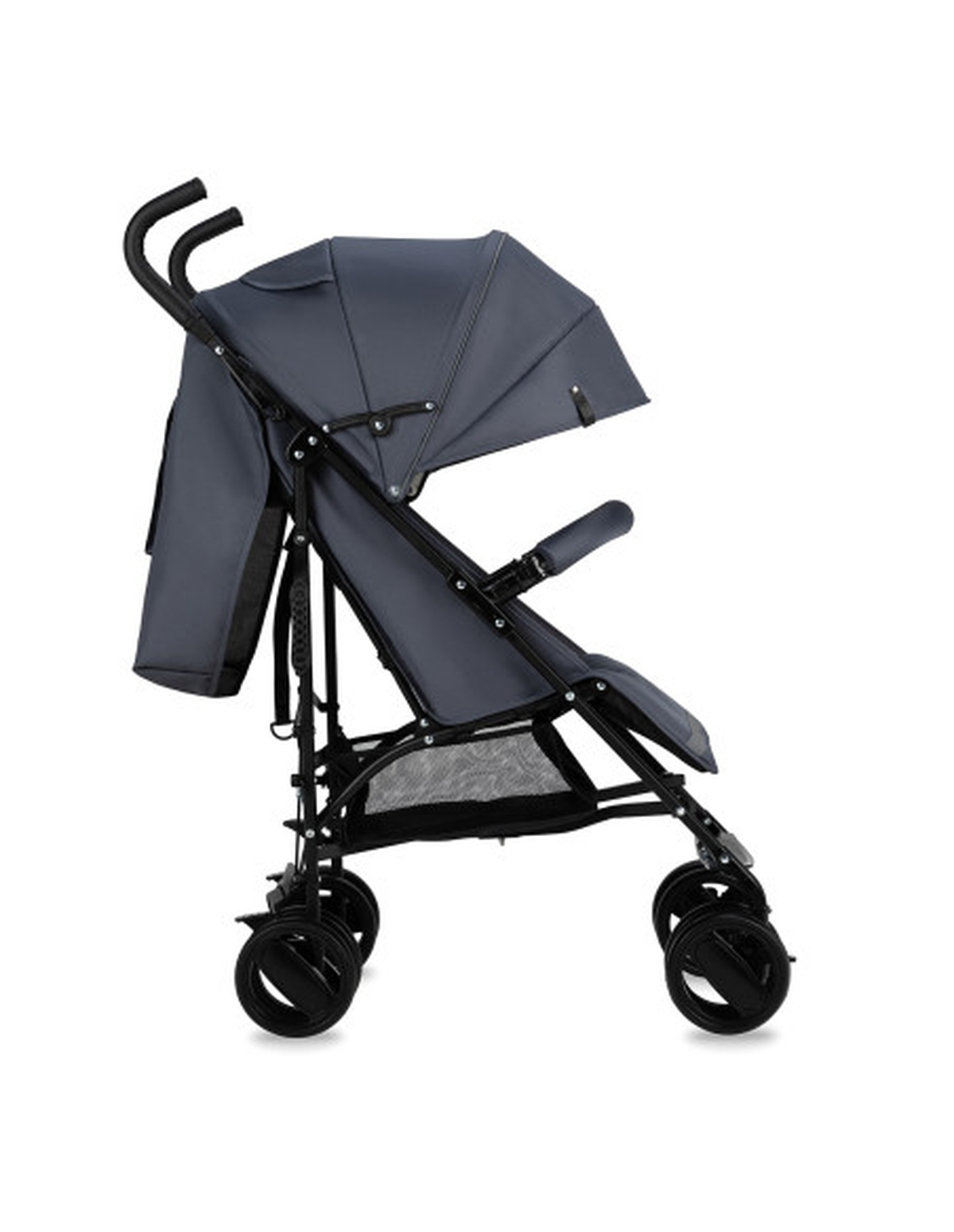 Dunkelgrauer Kinderwagen, Seitenansicht, mit Verdeck und schwarzem Rahmen.
