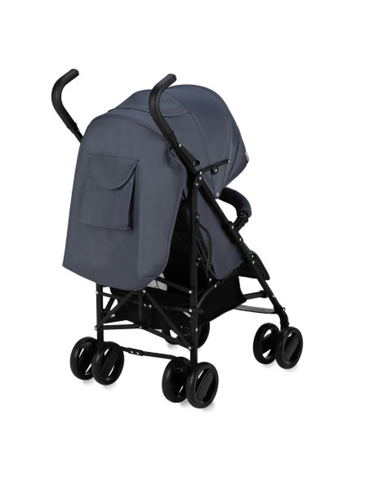 Baby-Kinderwagen auf weißem Hintergrund. Dunkelblaue Abdeckung und schwarzer Rahmen.
