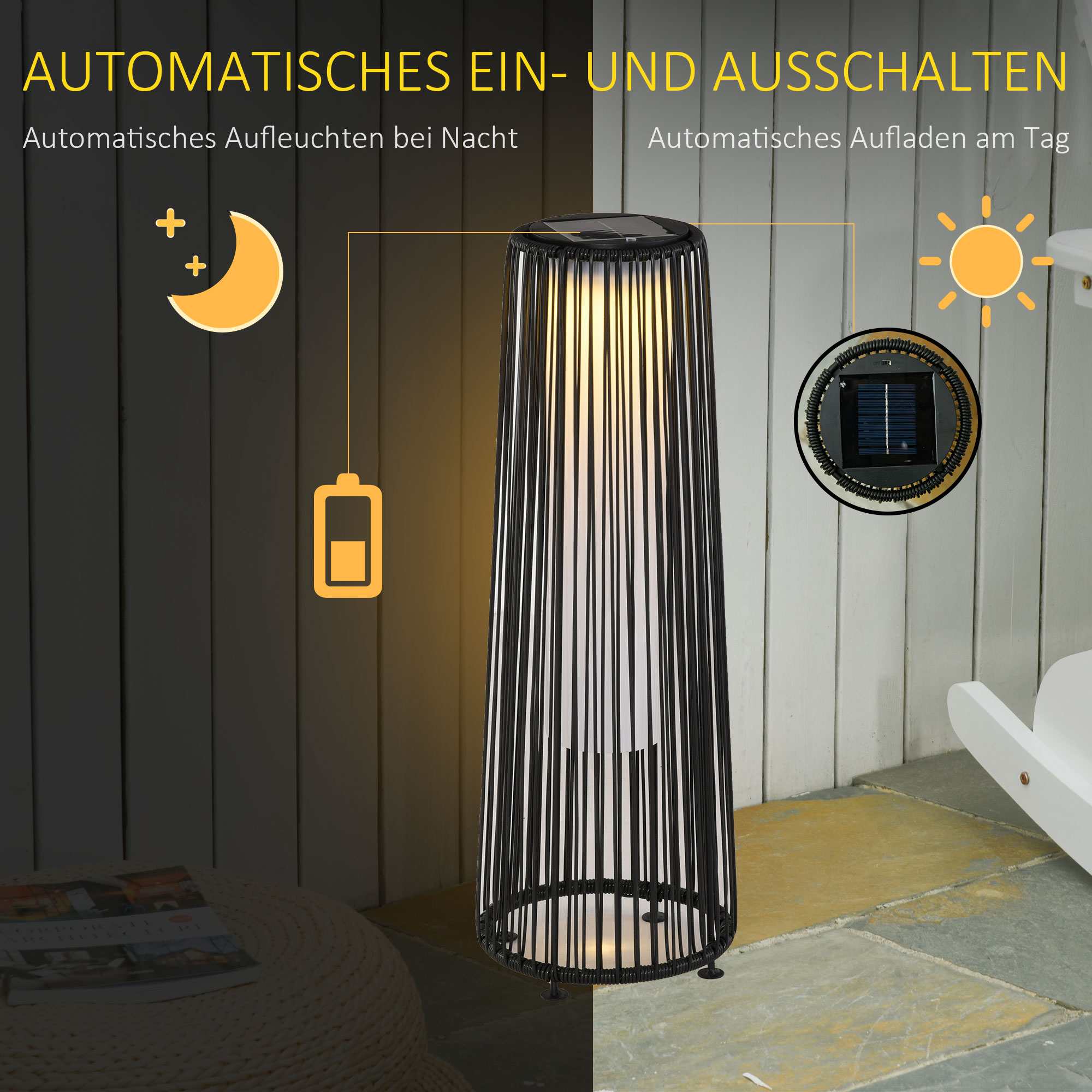 Schwarze Solarlampe mit vertikalen Lamellen. Die Lampe hat eine Nacht- und Tag-Illustration.