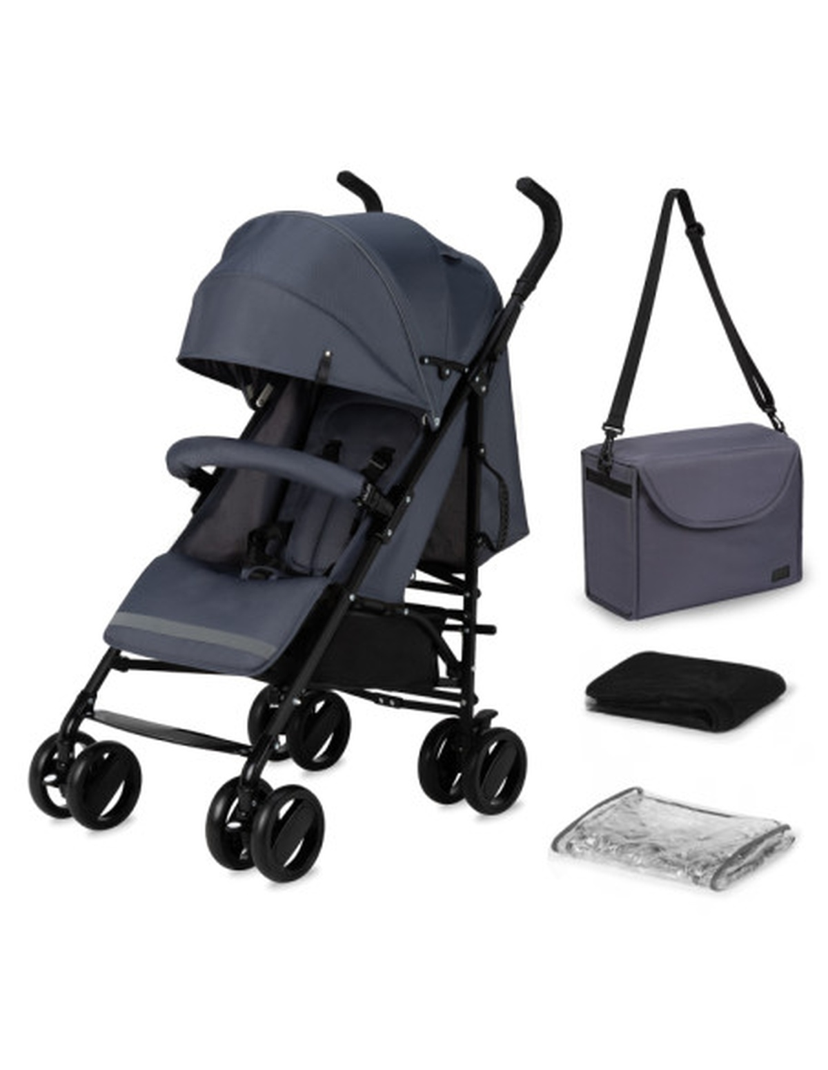 Dunkelgrauer Kinderwagen mit Zubehör: Tasche, Decke und Regenschutz.