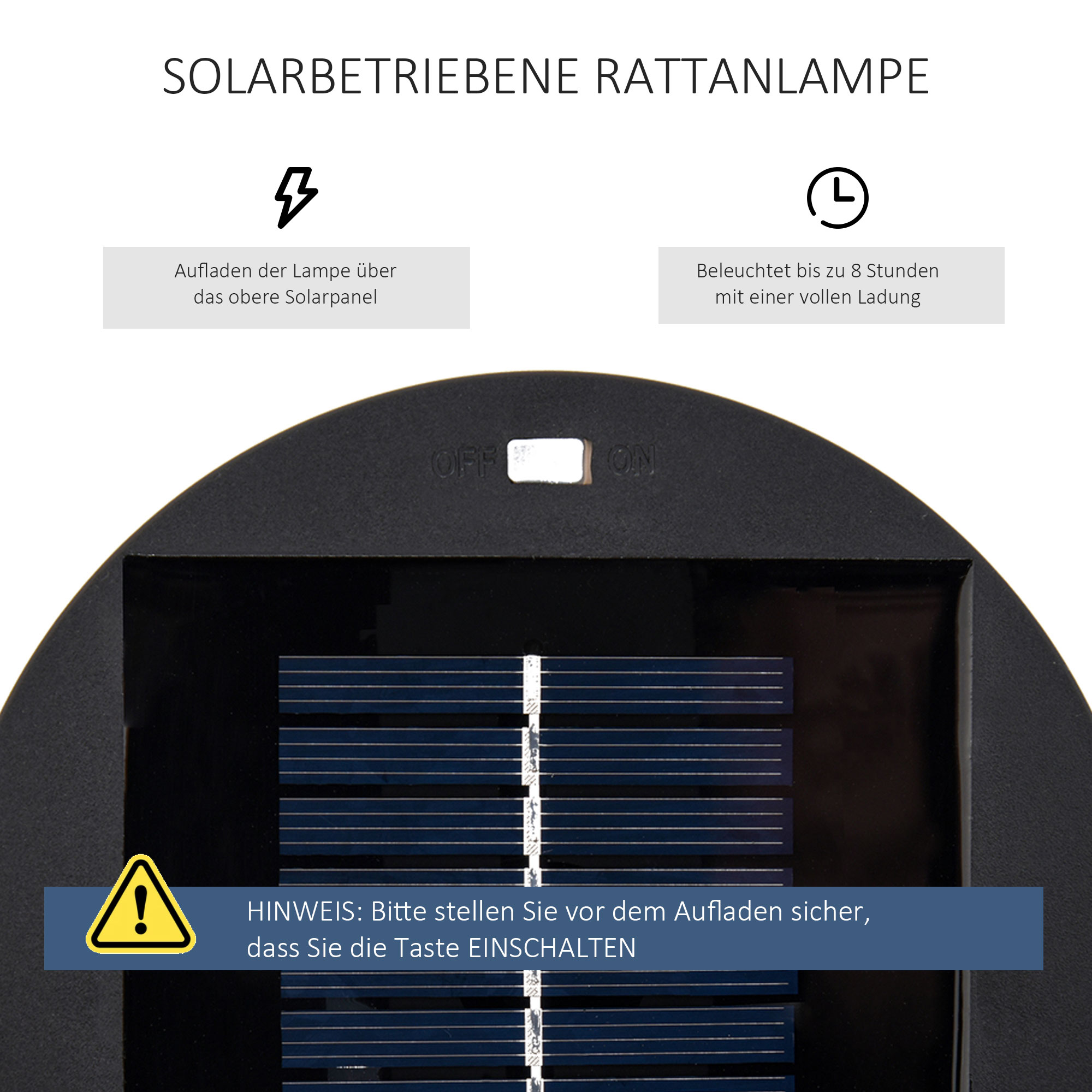 Schwarze solarbetriebene Rattanlampe. Sie zeigt das Solarpanel und den EIN/AUS-Schalter. Text wird angezeigt.