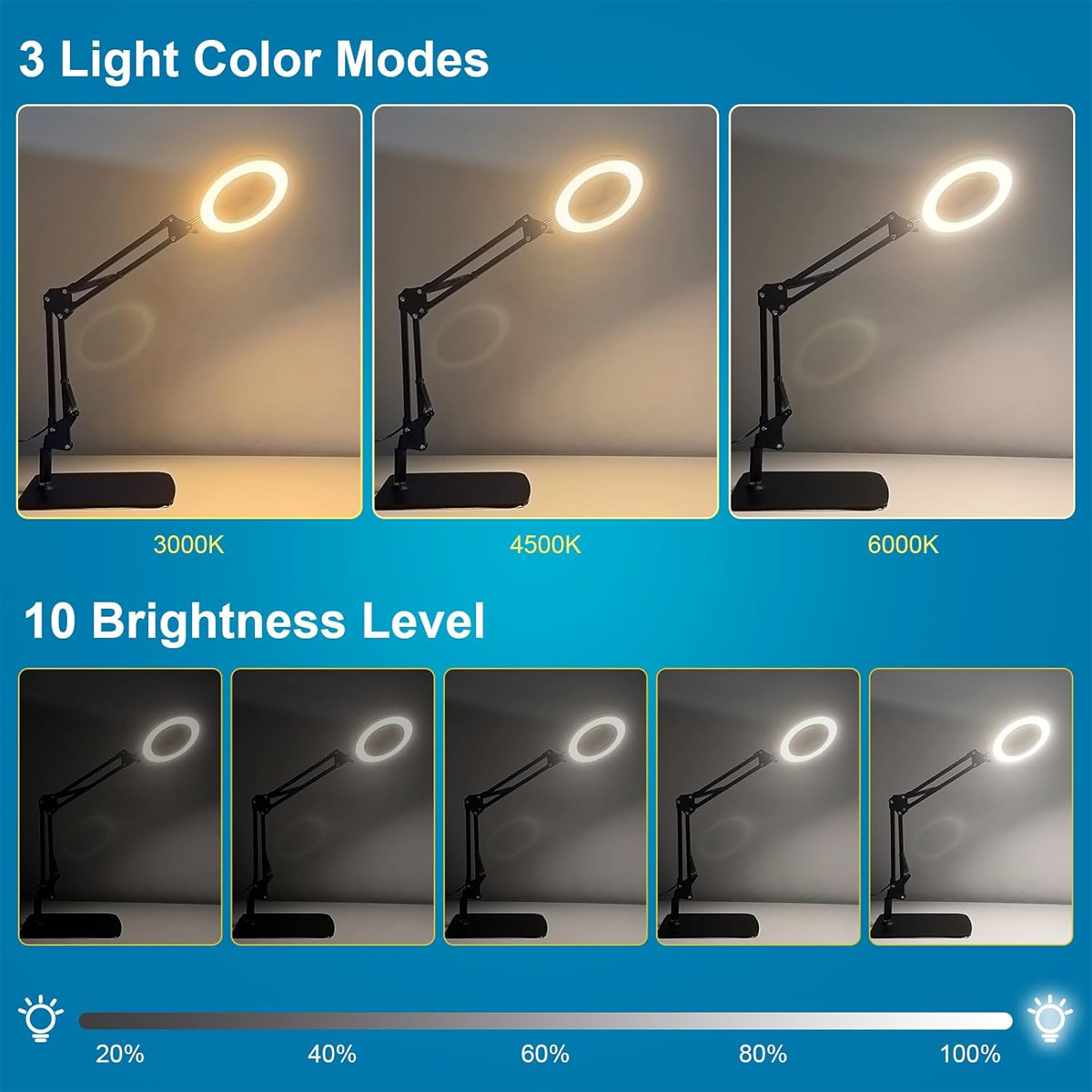 Eine Schreibtischlampe mit Ringlicht wird in drei verschiedenen Helligkeitseinstellungen und zehn Helligkeitsstufen gezeigt.