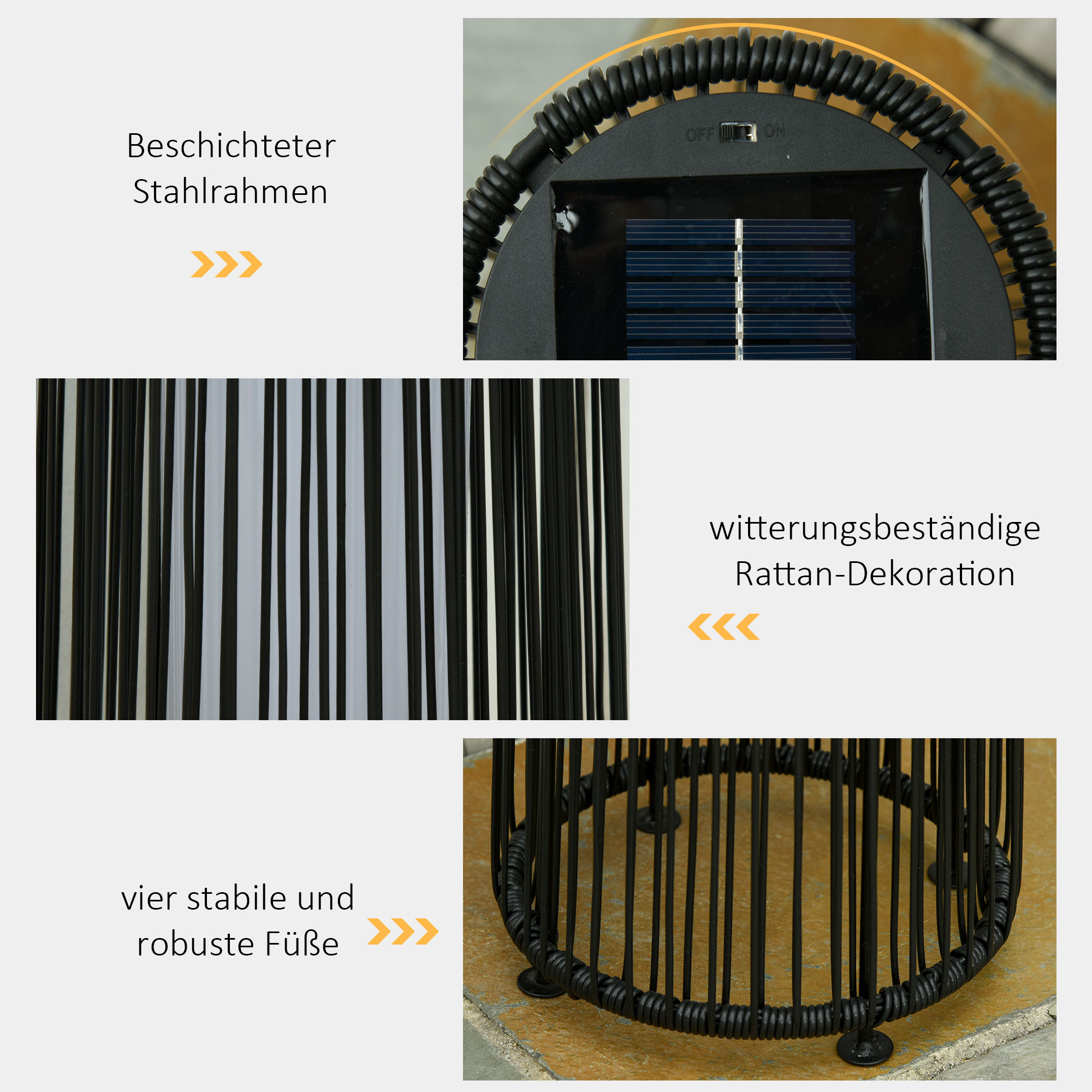 Nahaufnahme von solarbetriebenen Lampenkomponenten. Schwarzer Rahmen, Rattan-Dekor.