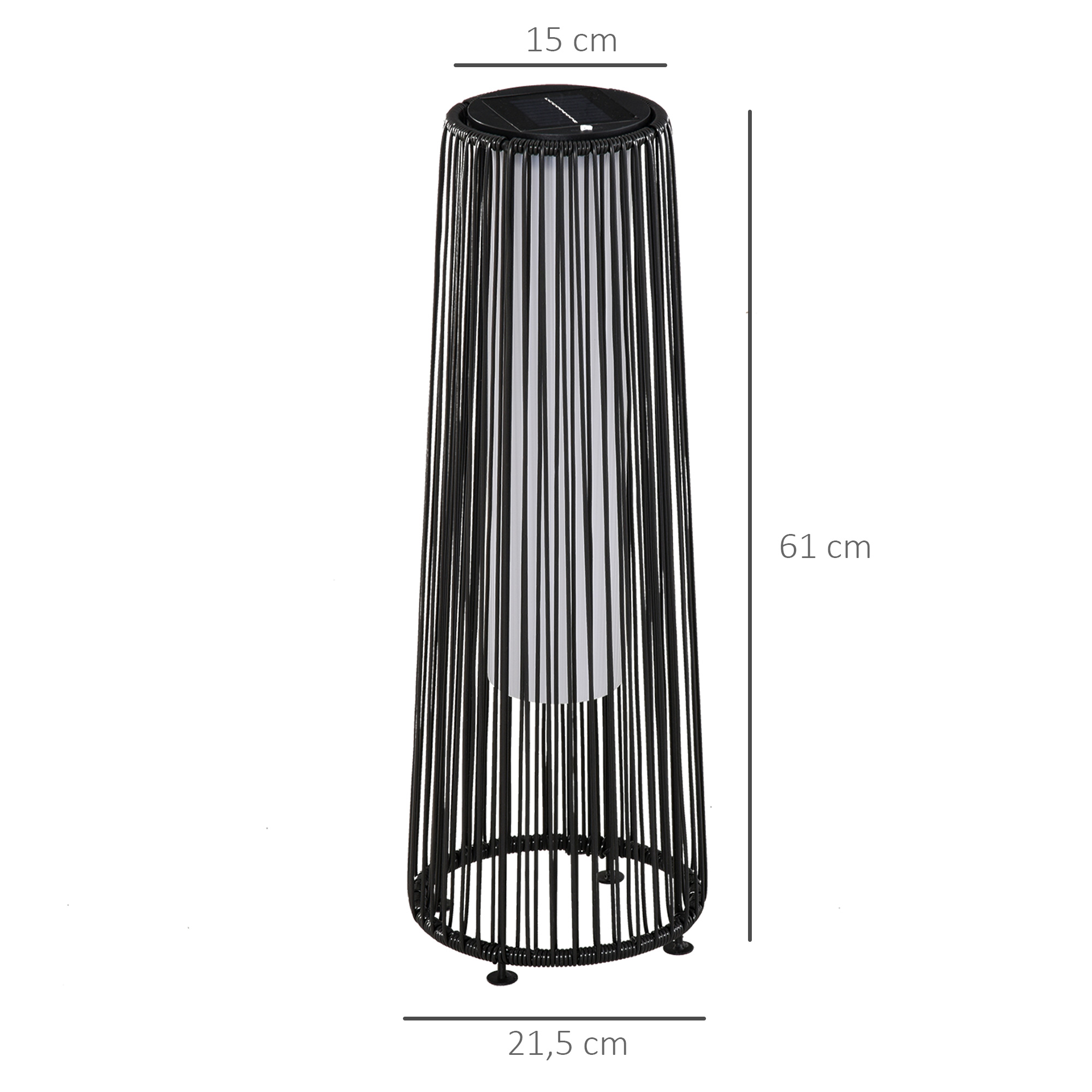Schwarze Außenlampe mit Solarpanel oben. Hoch, schlank und zylindrisch.