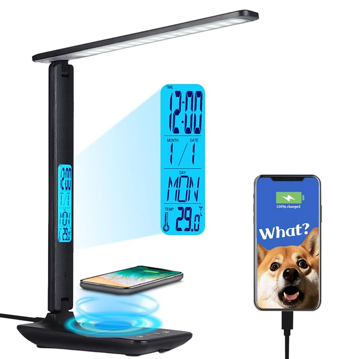 Schwarze Schreibtischlampe mit Digitalanzeige für Uhrzeit, Datum und Temperatur. Telefon wird geladen.
