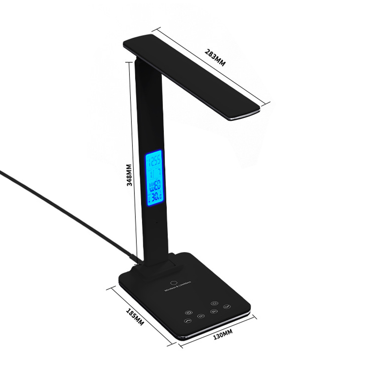 Schwarze Schreibtischlampe mit digitaler Anzeige von Uhrzeit und Datum, mit Abmessungen.