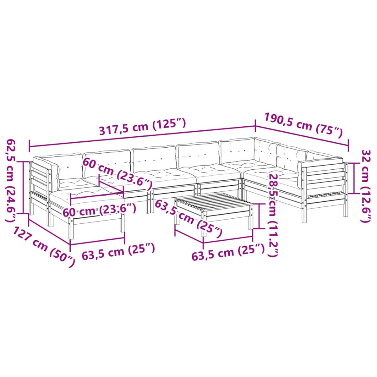 Outdoor-Ecksofa mit Maßangaben.