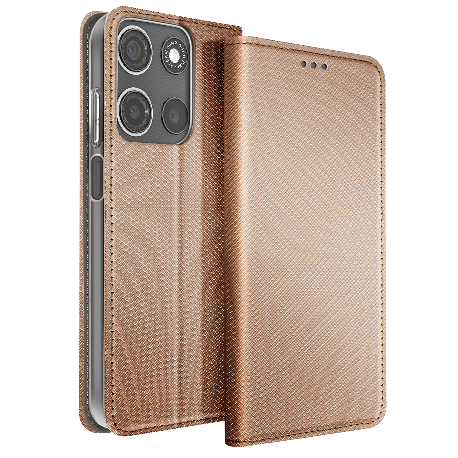 Custodia per telefono oro rosa, aperta, che rivela il telefono e la fotocamera.