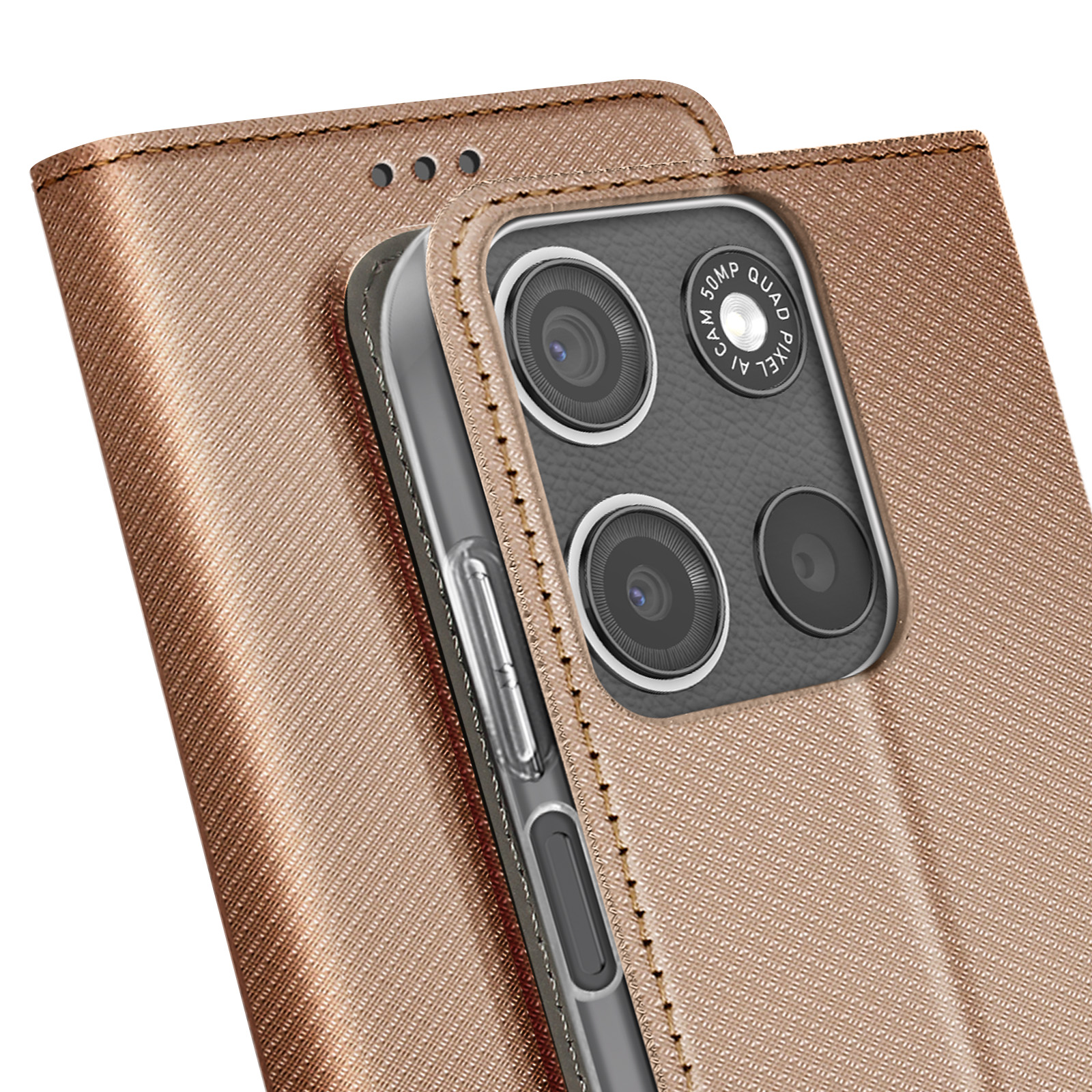 Un primo piano di una custodia per telefono. La custodia è color beige con un motivo strutturato. Il telefono ha più fotocamere.