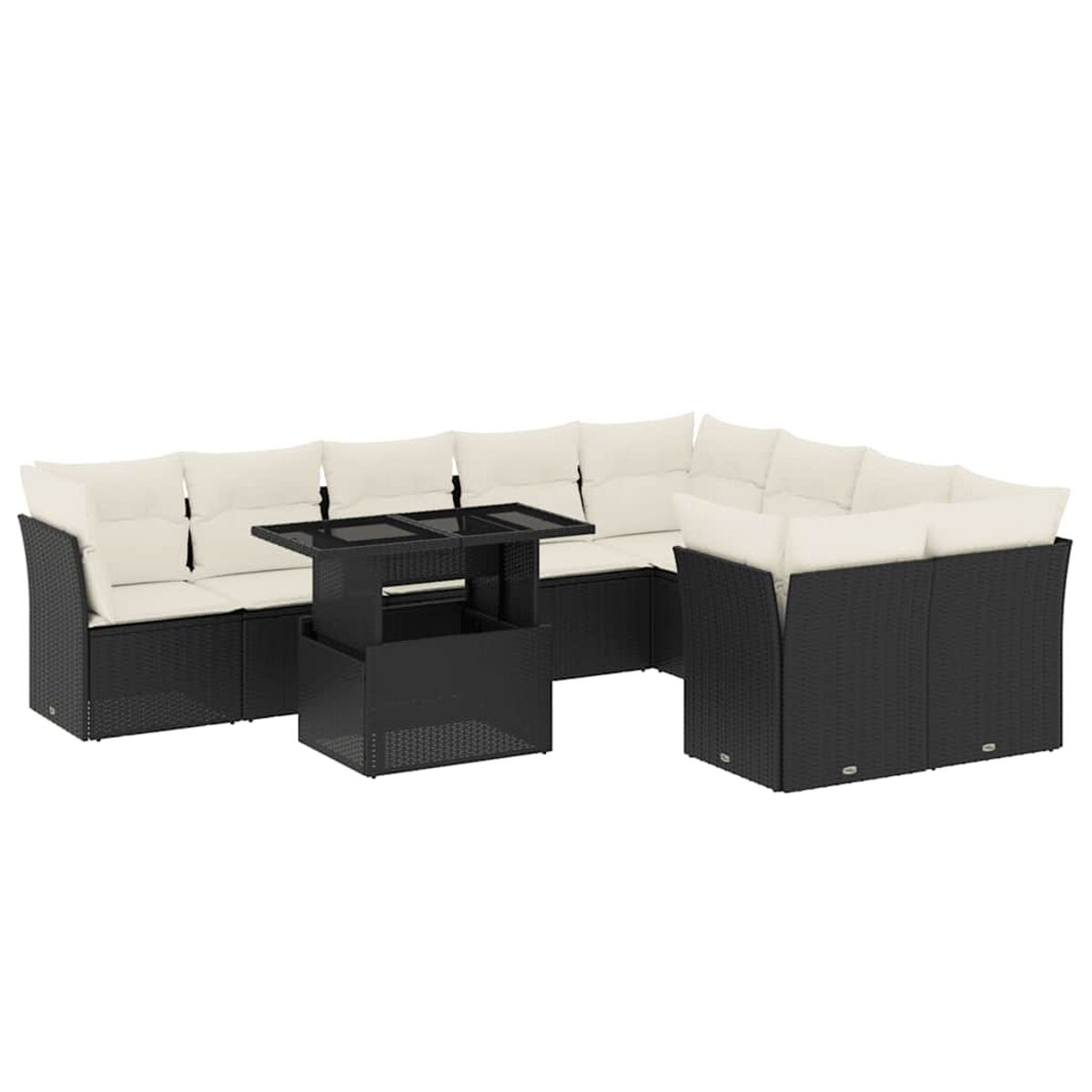 Set divano componibile da esterno in vimini nero con tavolo e cuscini bianchi.