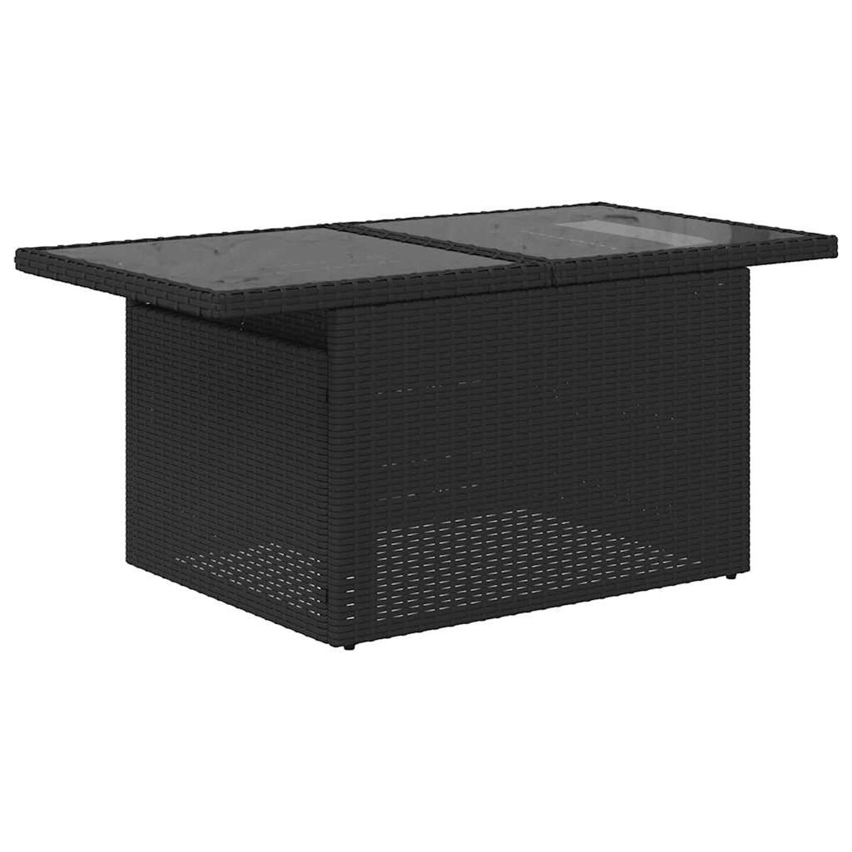 Tavolino rettangolare in vimini nero. Ha un piano in vetro.