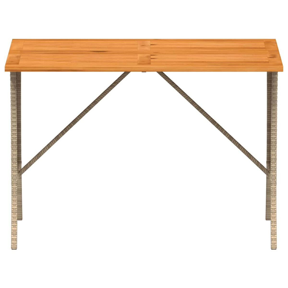 Tavolo rettangolare in legno con base intrecciata, isolato su sfondo bianco.