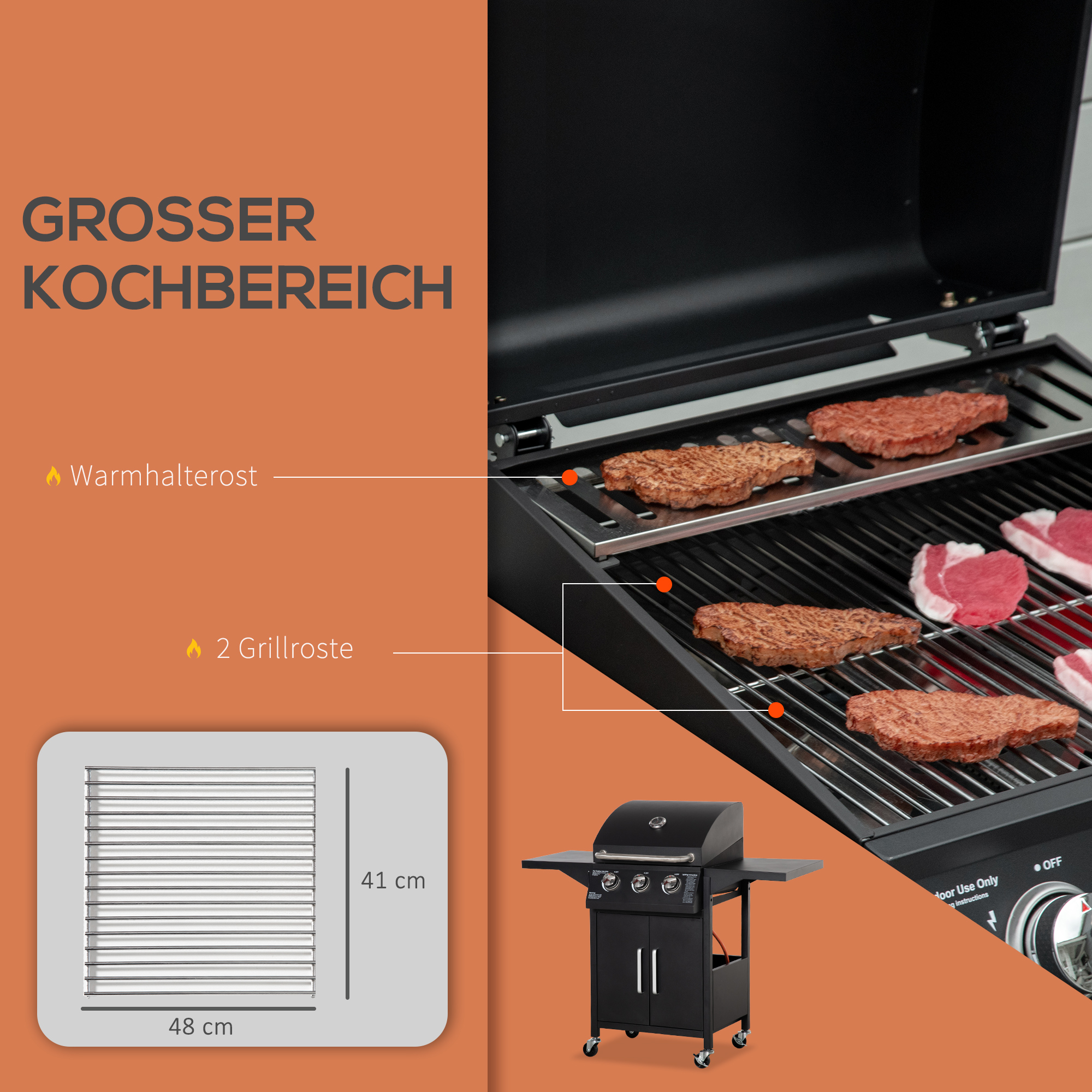 Schwarzer Grill mit Essen. Text hebt großen Kochbereich und Funktionen hervor.