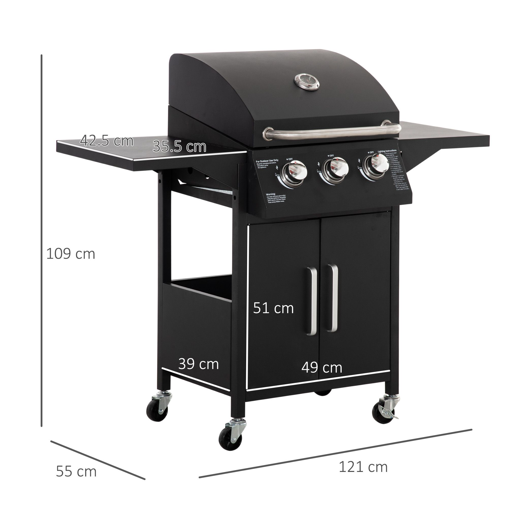 Schwarzer Außengrill mit Abmessungen. Enthält Seitenablagen, einen Schrank und Räder.