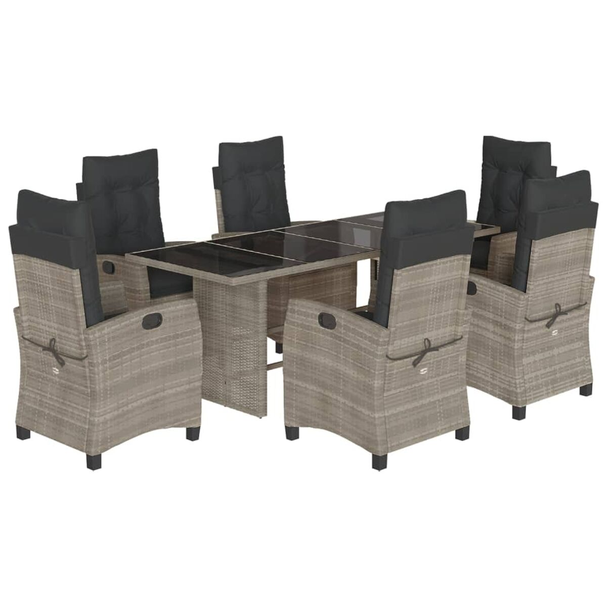 Set da pranzo per esterni con tavolo e sei sedie.
