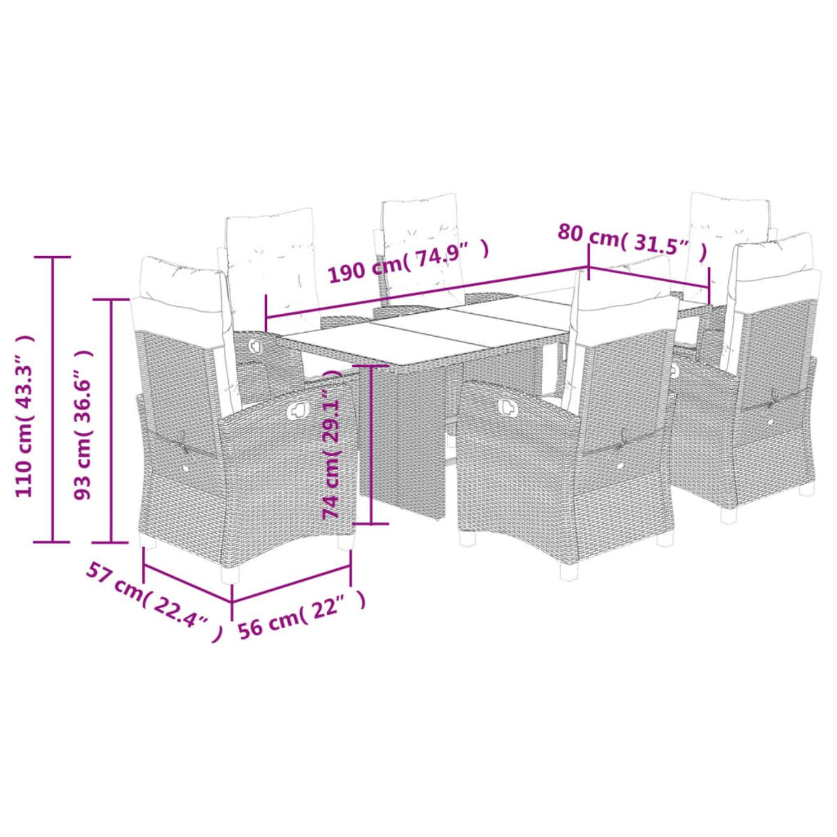 Set da pranzo per esterni con tavolo e sedie, con dimensioni espresse in centimetri.
