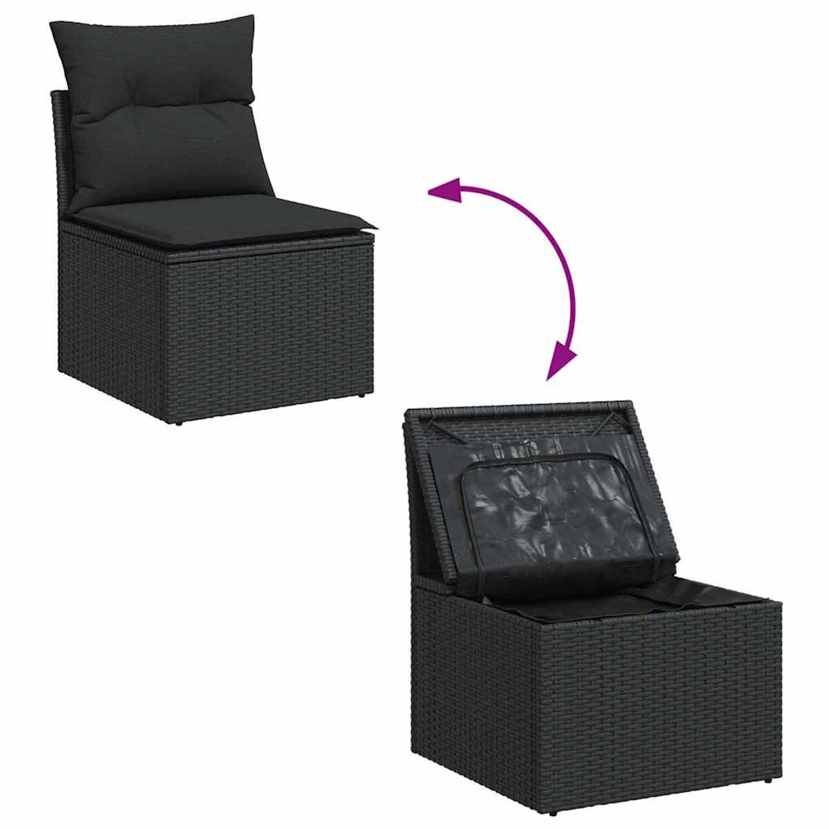 Sedia in rattan nero con cuscino, aperta e chiusa. Una freccia indica la scatola aperta.