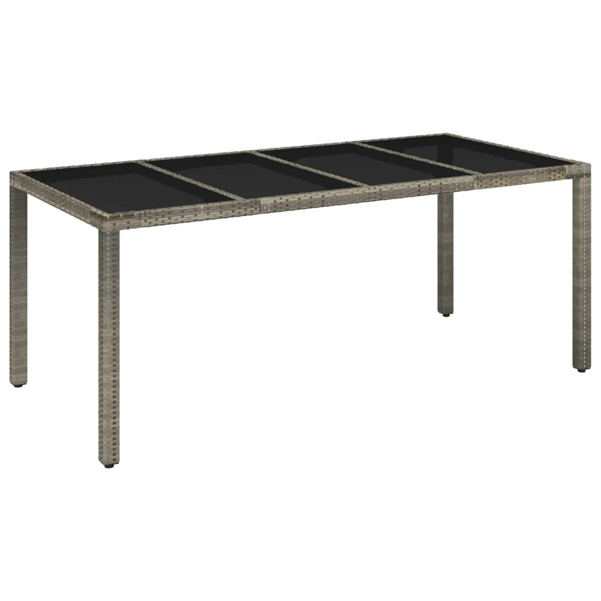 Tavolo rettangolare grigio da esterno con piano in vetro nero e gambe grigie.