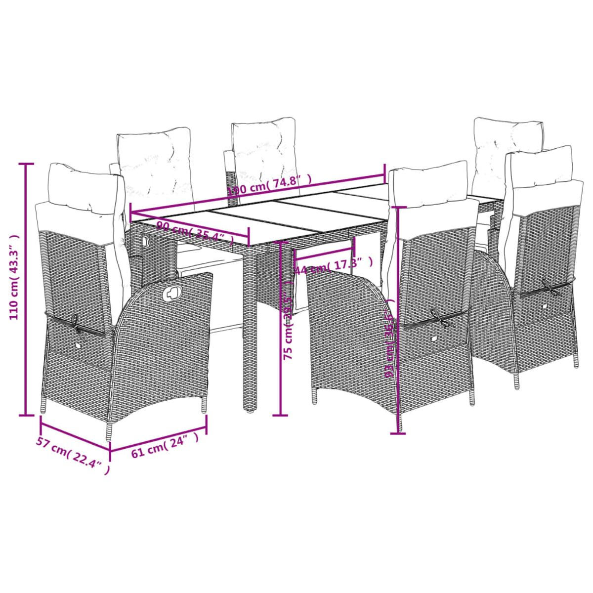Set da pranzo per esterni con tavolo rettangolare e sei sedie, con dimensioni in cm.