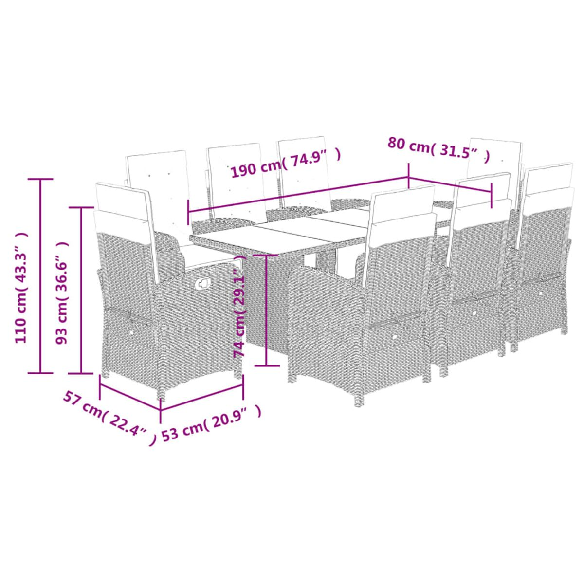 Set da pranzo per esterni con dimensioni etichettate, in un design in vimini.