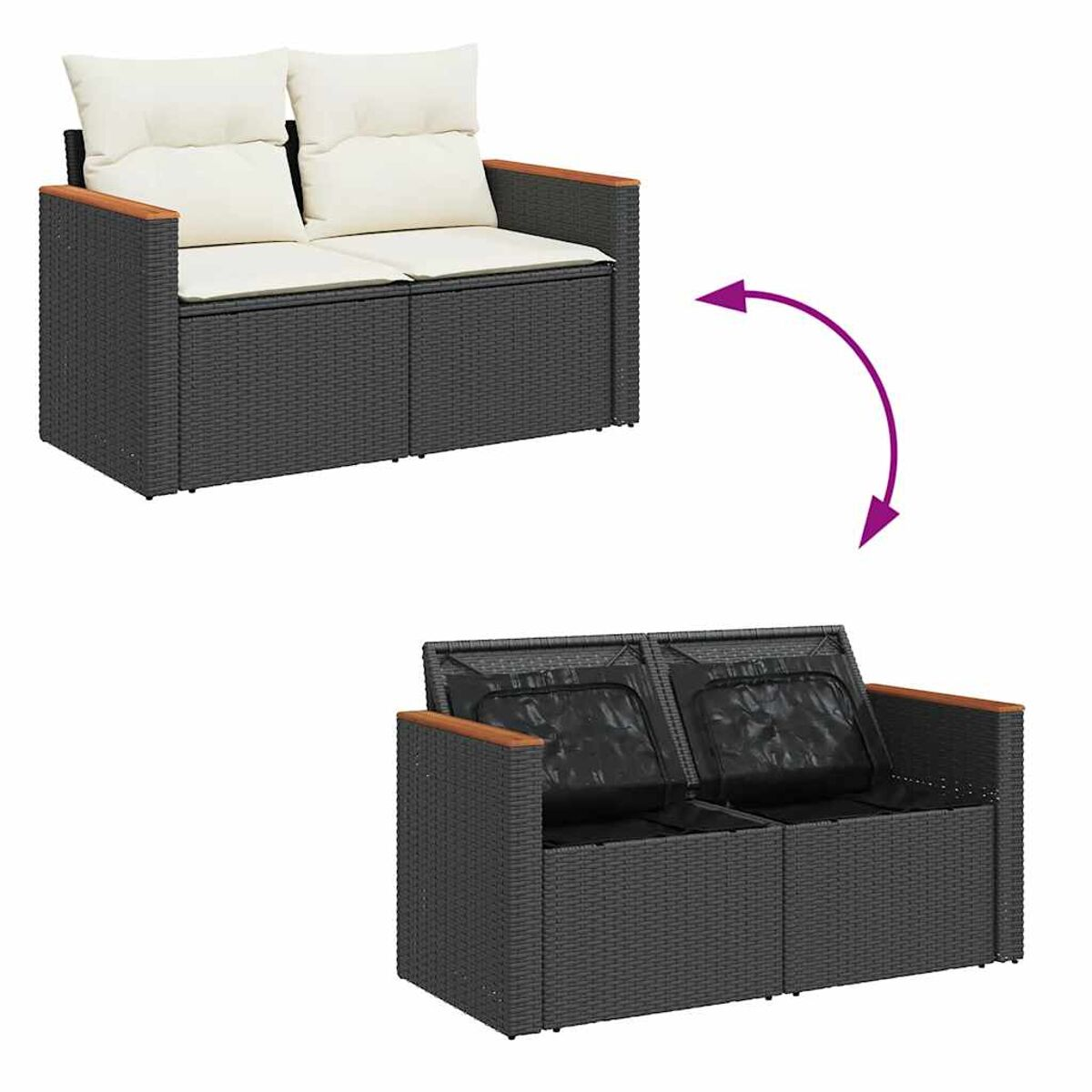 Divano in rattan grigio a due posti, convertibile in divano letto, con cuscini bianchi e neri.
