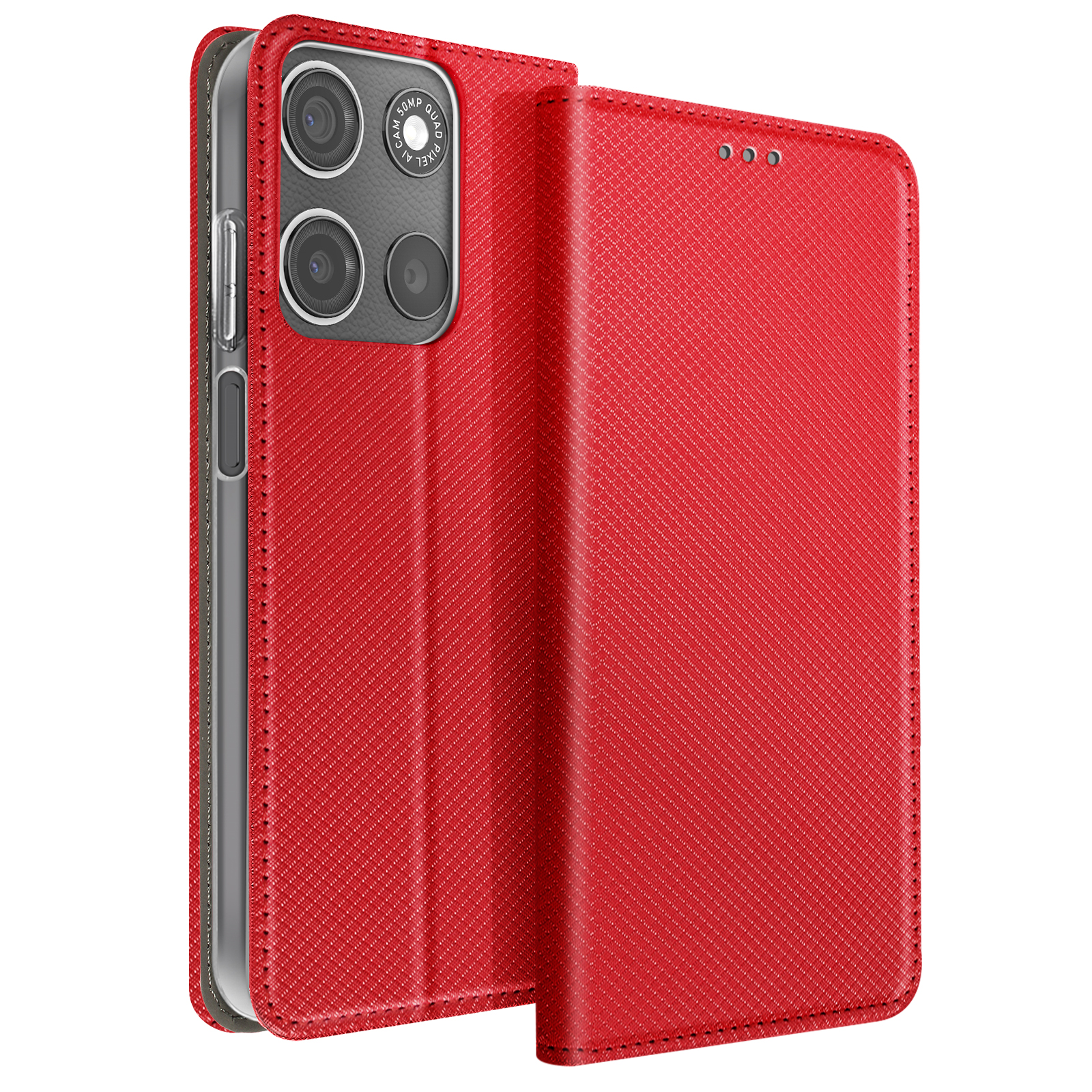 Custodia rossa aperta, rivela un telefono. La custodia è strutturata.