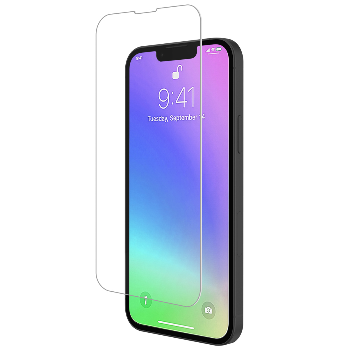 Smartphone met screenprotector, toont tijd en datum.