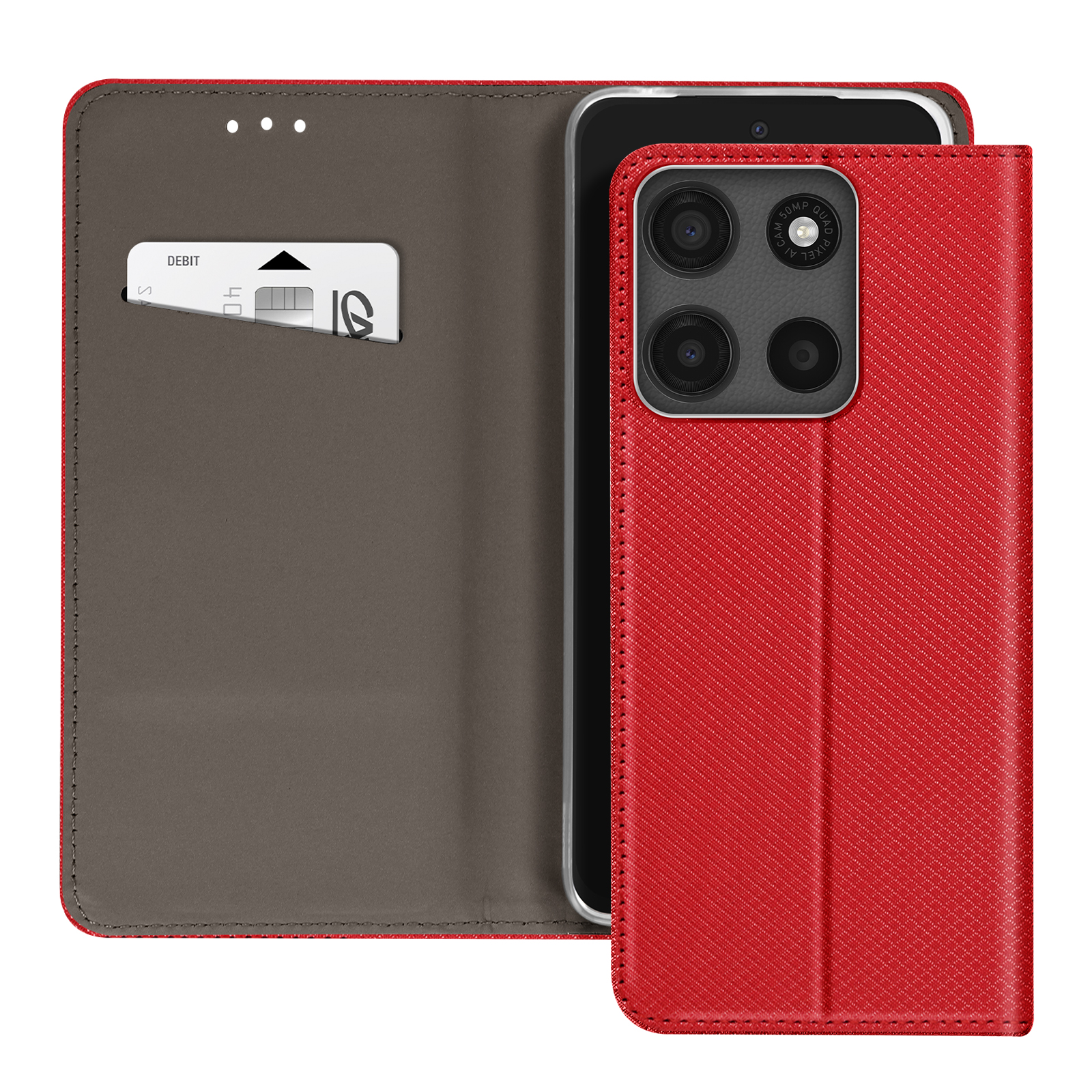 Custodia del telefono rossa aperta, che rivela un telefono e uno slot per schede.