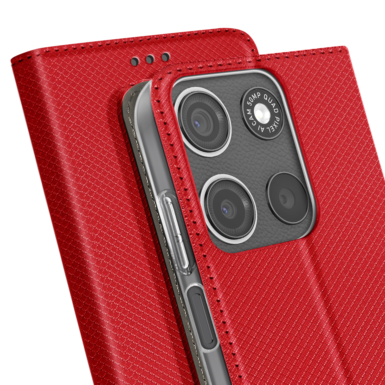 Una custodia rossa per telefono con obiettivi della fotocamera visibili. La custodia è aperta.