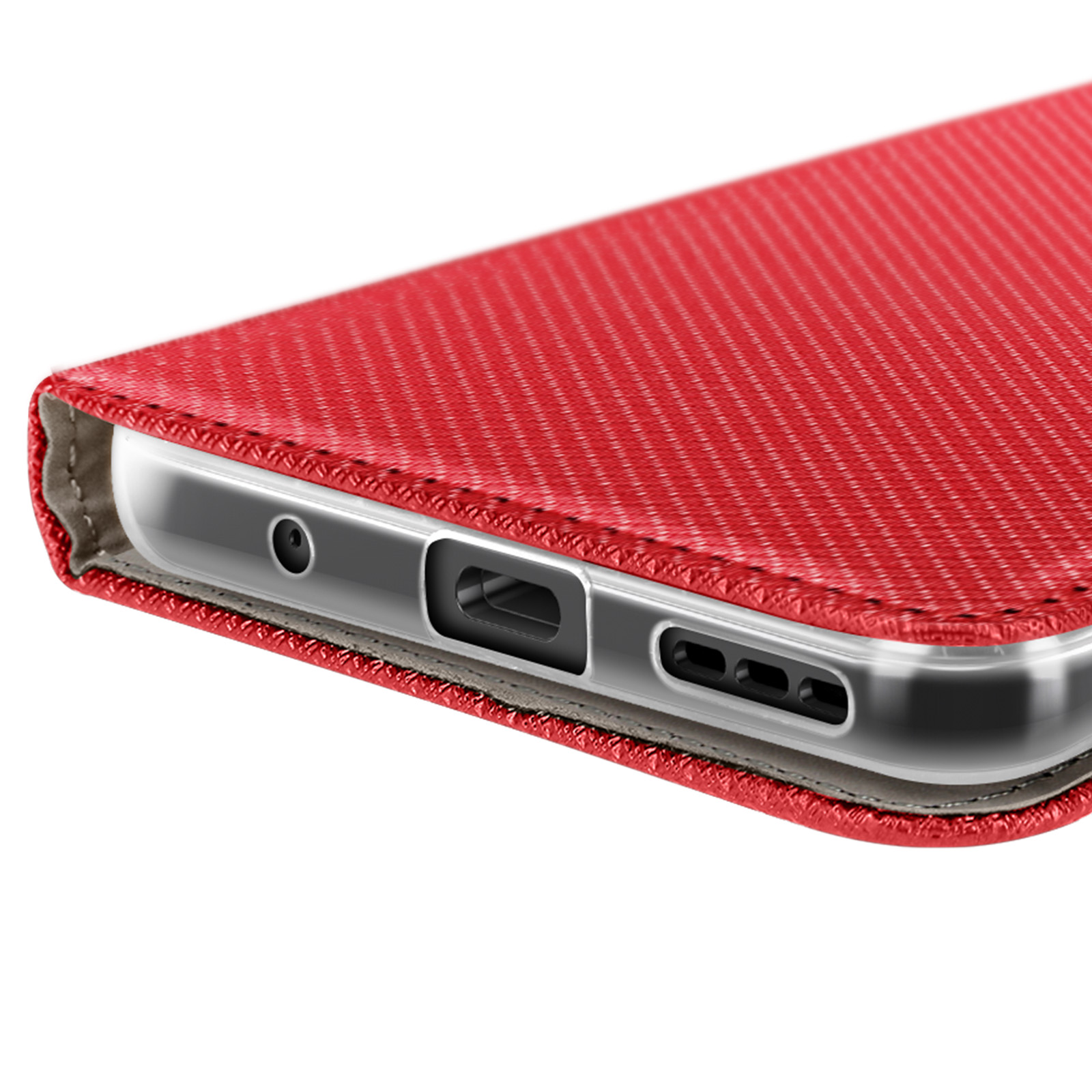Un primo piano di una custodia rossa per telefono, che mostra la porta di ricarica, la fotocamera e altre funzioni.