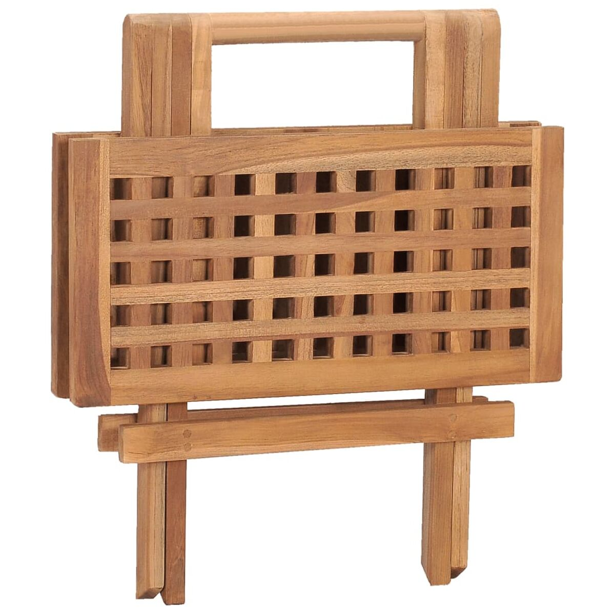 Klapptisch aus Holz mit Griff. Es hat ein quadratisches Gitterdesign.