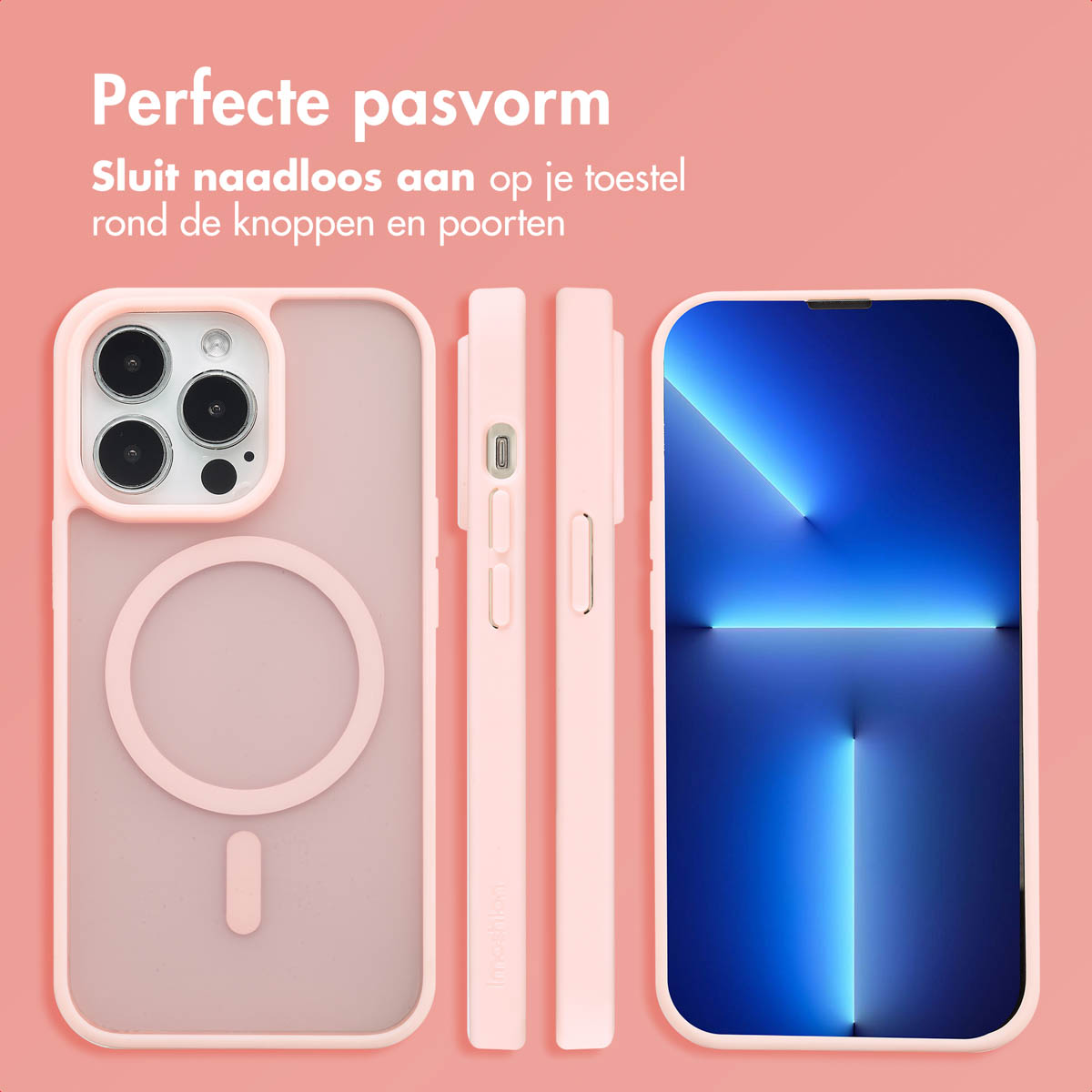 Coque de téléphone rose, avec trois vues. Elle a un anneau et une marque magnétique.