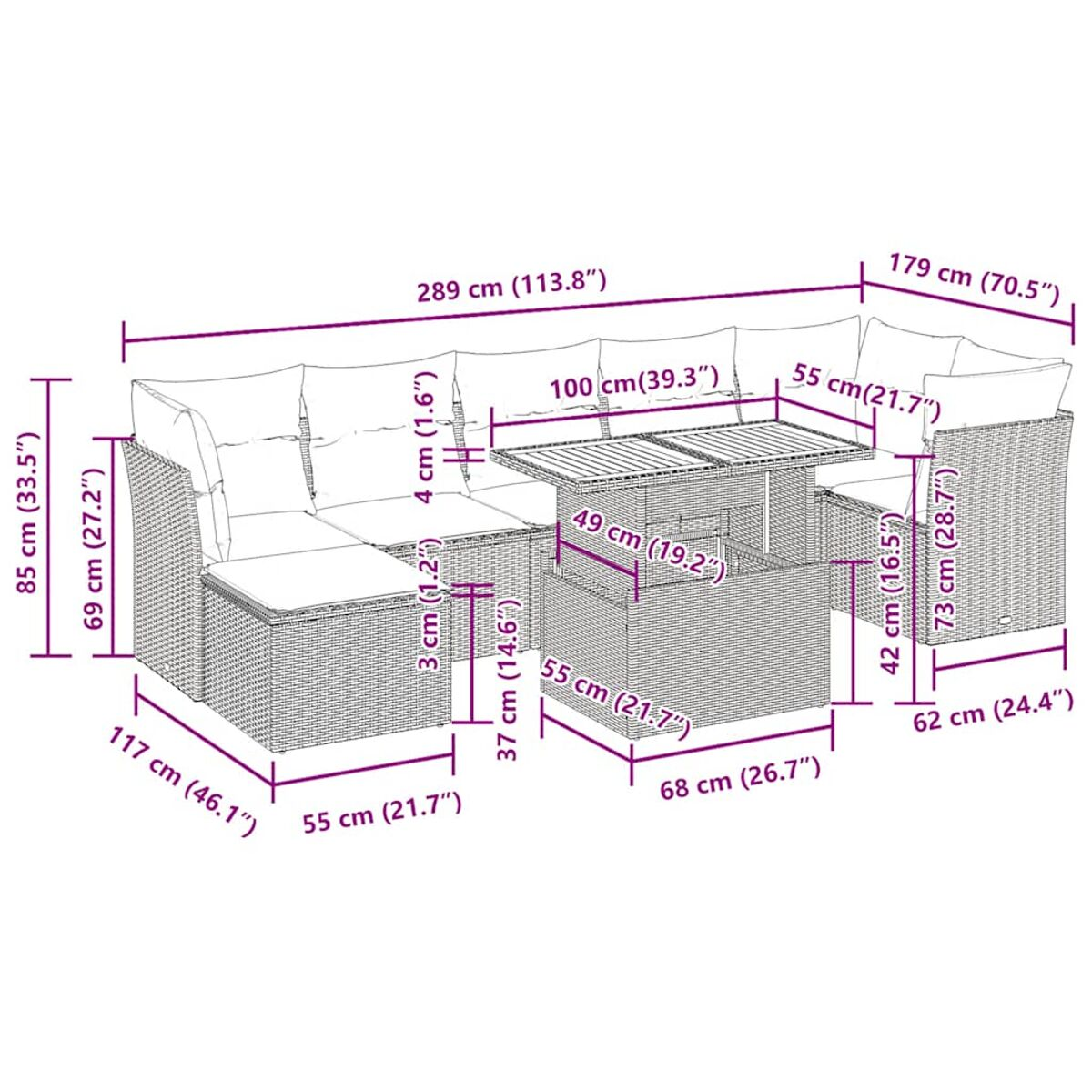 Diagramma di un set di mobili da esterno con dimensioni. Include un divano, un tavolo e sedie.