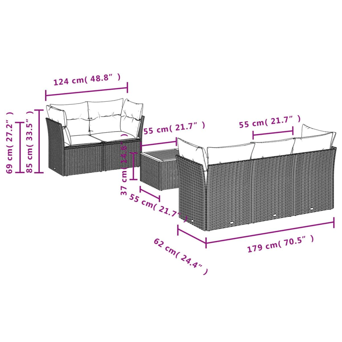 Geflochtenes Gartenmöbel-Set mit Maßangaben in cm und Zoll auf weißem Hintergrund.