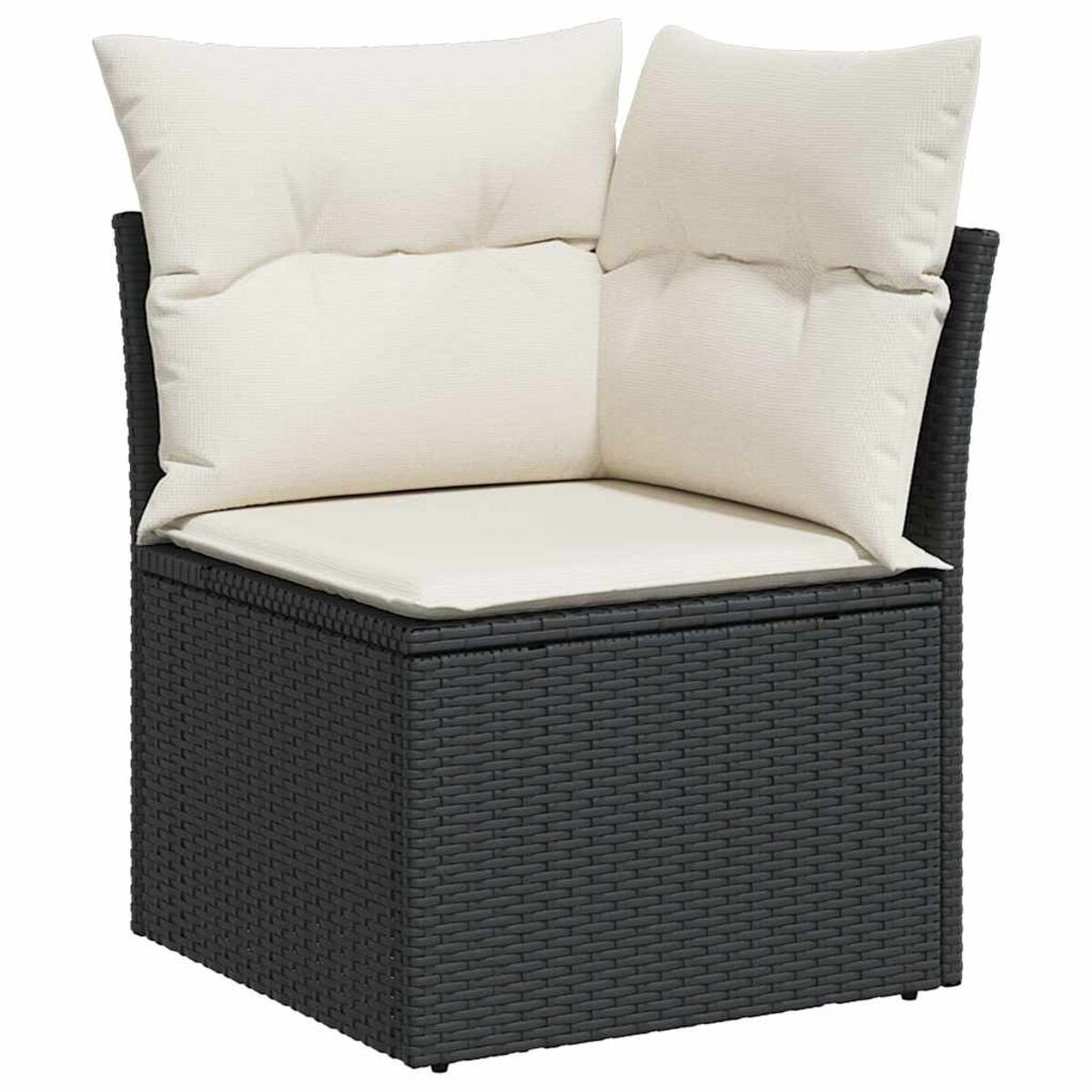 Poltrona angolare in rattan nero con cuscini bianchi, su sfondo bianco.