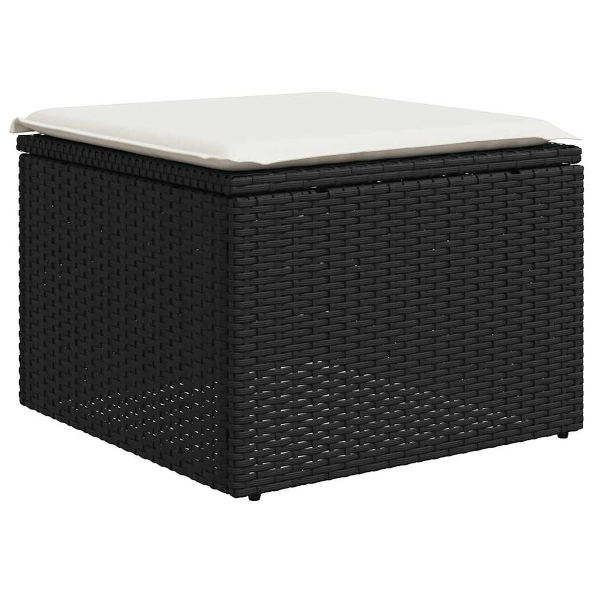 Un contenitore nero intrecciato con un cuscino bianco sopra.
