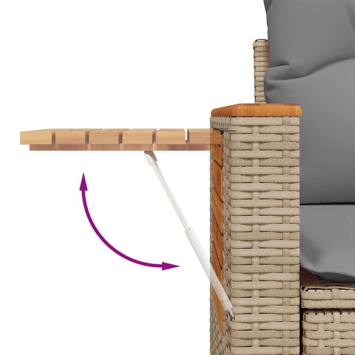 Una sezione di tavolo in legno che viene sollevata, mostrando la cerniera e la freccia.