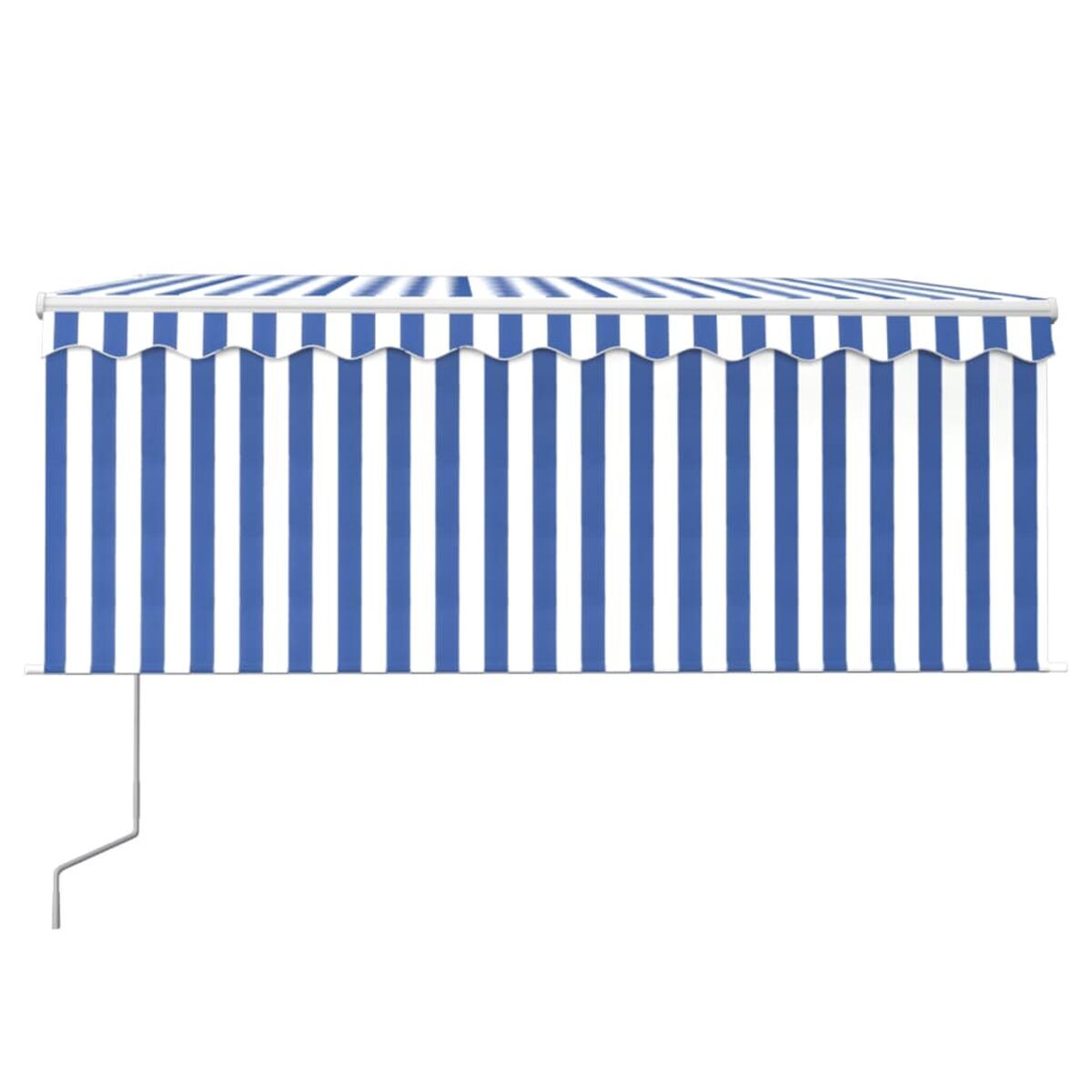 Tenda a strisce blu e bianche. Bordo smerlato. Cornice bianca e braccio di supporto.