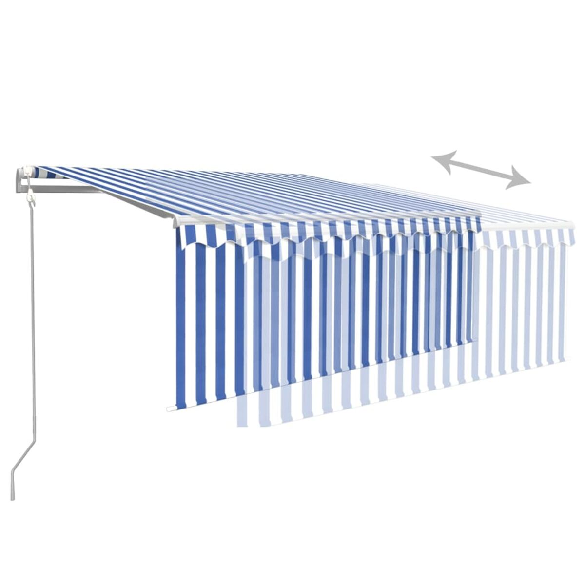 Tenda a strisce blu e bianche, estesa con frecce che indicano il movimento. Sfondo bianco.