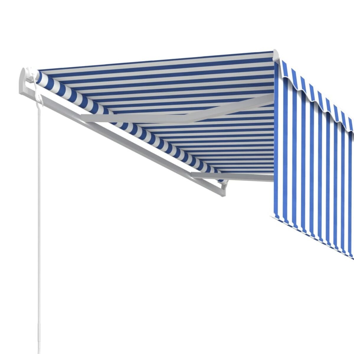 Tenda a strisce blu e bianche, cornice bianca, estesa su uno sfondo bianco.