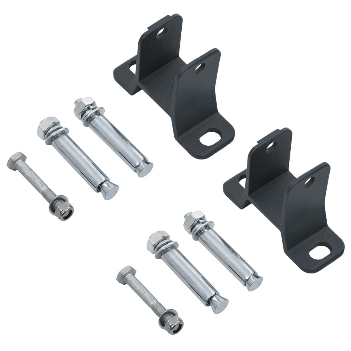 Metallhalterungen, Schrauben und Anker. Zwei schwarze Halterungen und mehrere silberne Schrauben.