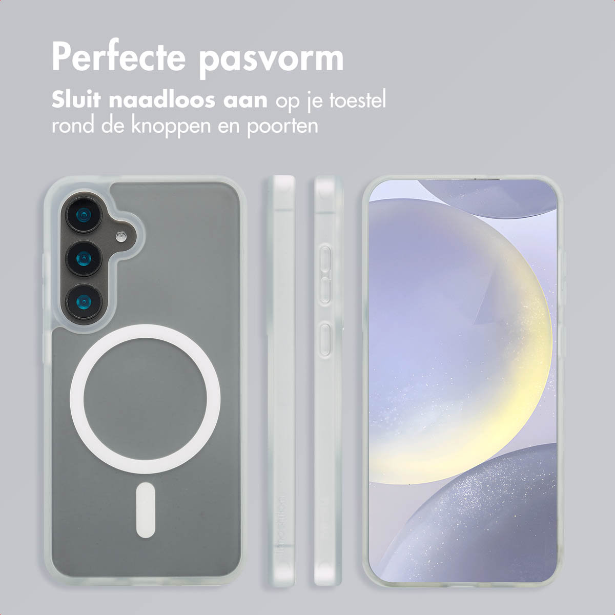 Grijze telefoonhoes, drie aanzichten. Tekst luidt 'Perfecte pasvorm, past naadloos om knoppen en poorten'.