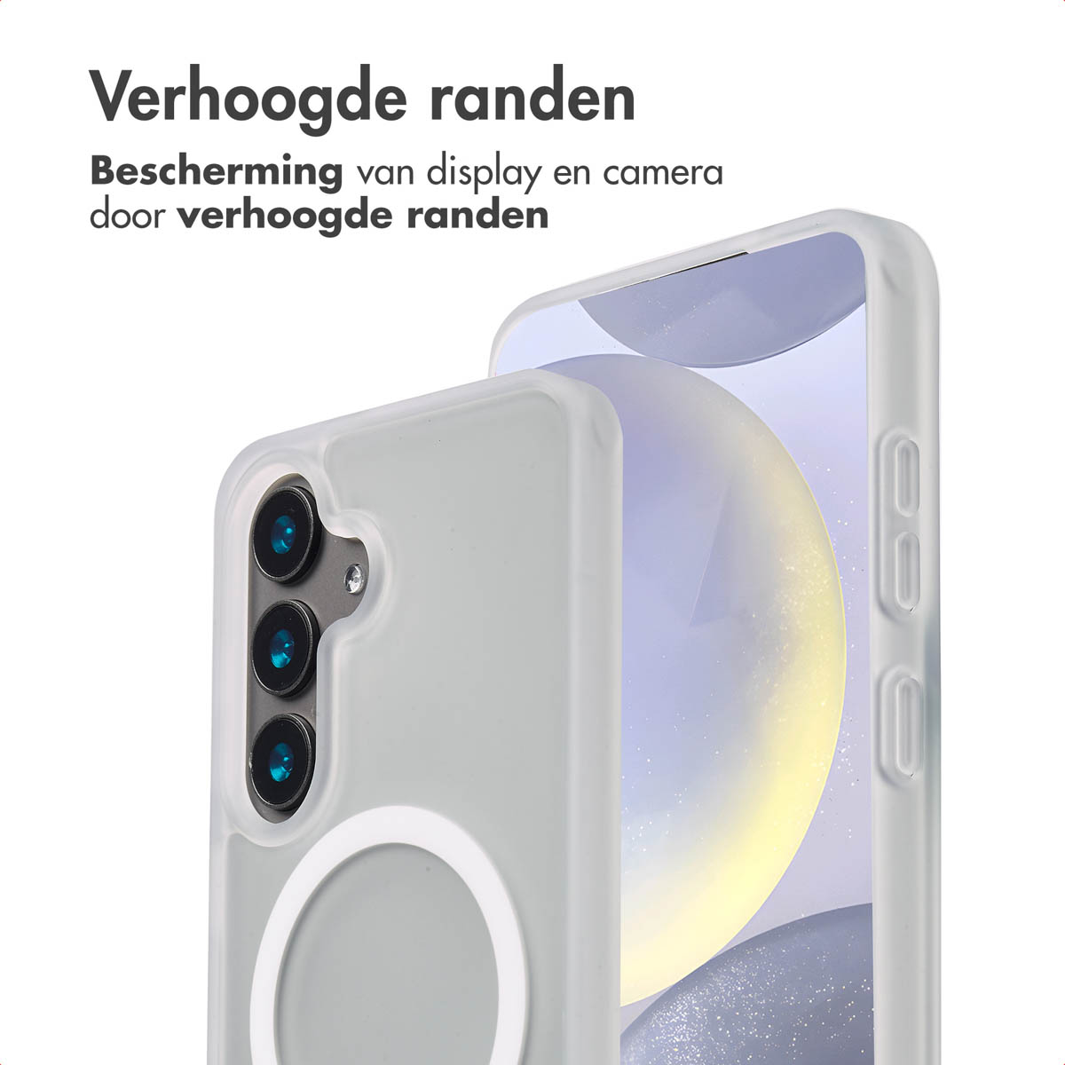 Close-up van een telefoonhoesje en telefoon, met de camera en verhoogde randen.
