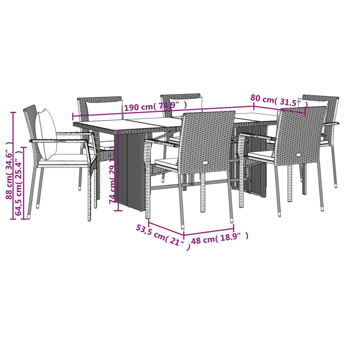 Set da pranzo per esterni, include tavolo e sedie. Le dimensioni sono indicate.