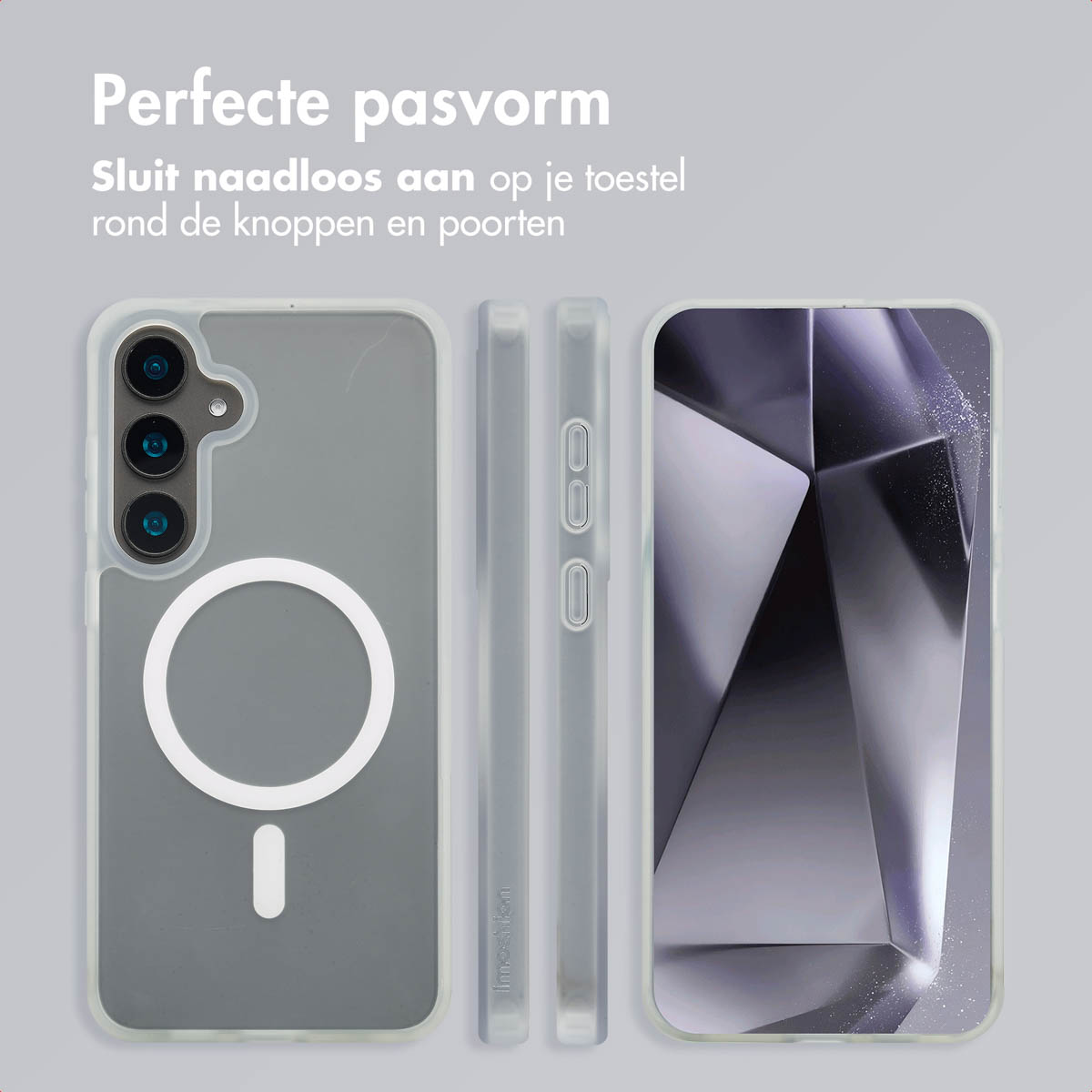 Grijze telefoonhoes, drie aanzichten. Tekst luidt 'Perfecte pasvorm, past naadloos om knoppen en poorten'.