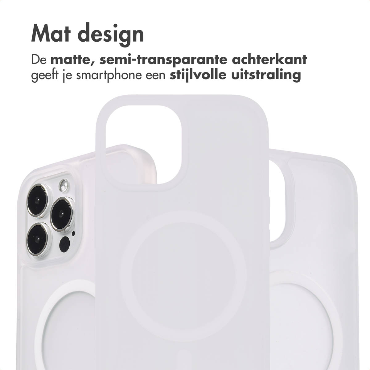 Een witte telefoonhoes met een cirkelvormig magneetontwerp, met een matte, doorschijnende achterkant.