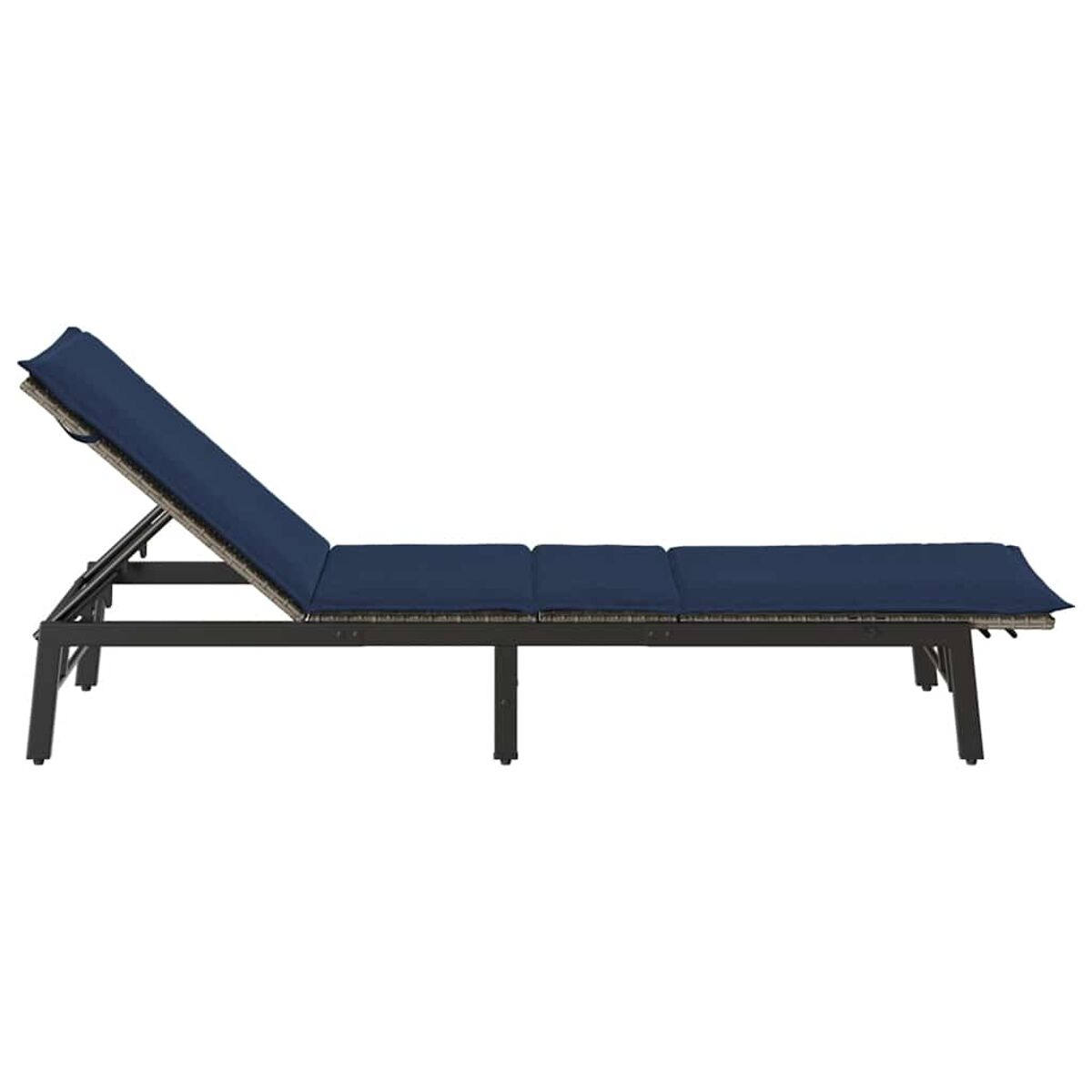 Una chaise longue imbottita blu scuro su una struttura nera.